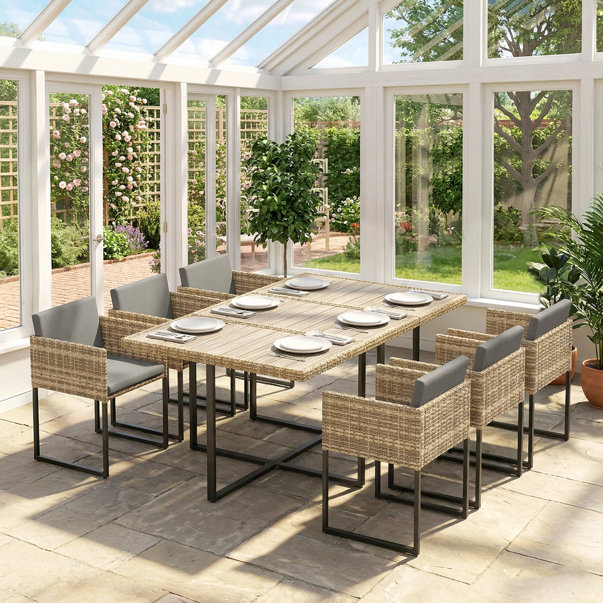 7-Piece Light Brown Rattan Dining Set with WPC Table, 6 Chairs & 12 Cushions - Image 4