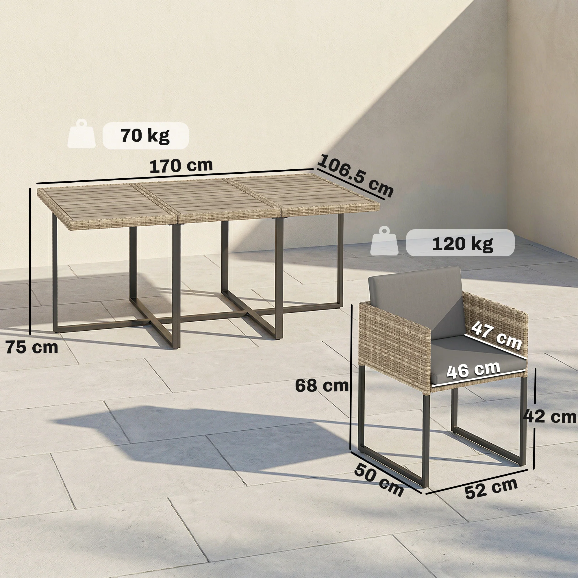 7-Piece Light Brown Rattan Dining Set with WPC Table, 6 Chairs & 12 Cushions - Image 5