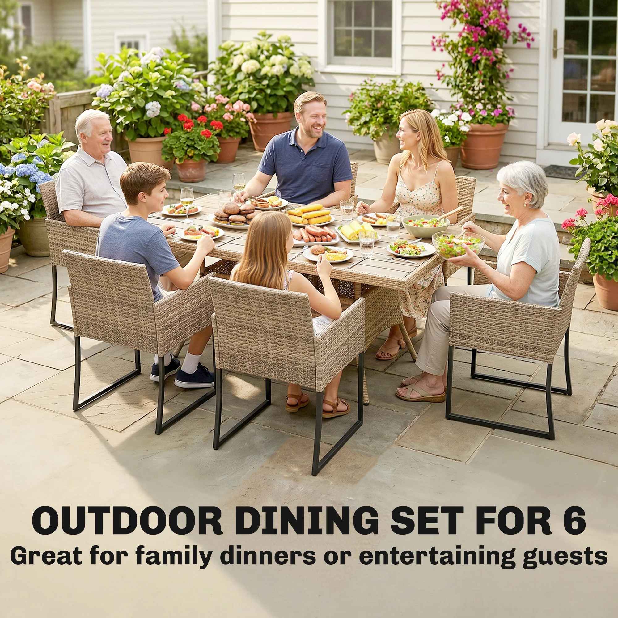 7-Piece Dark Grey Rattan Dining Set with WPC Table, 6 Chairs & Cushions - Image 6