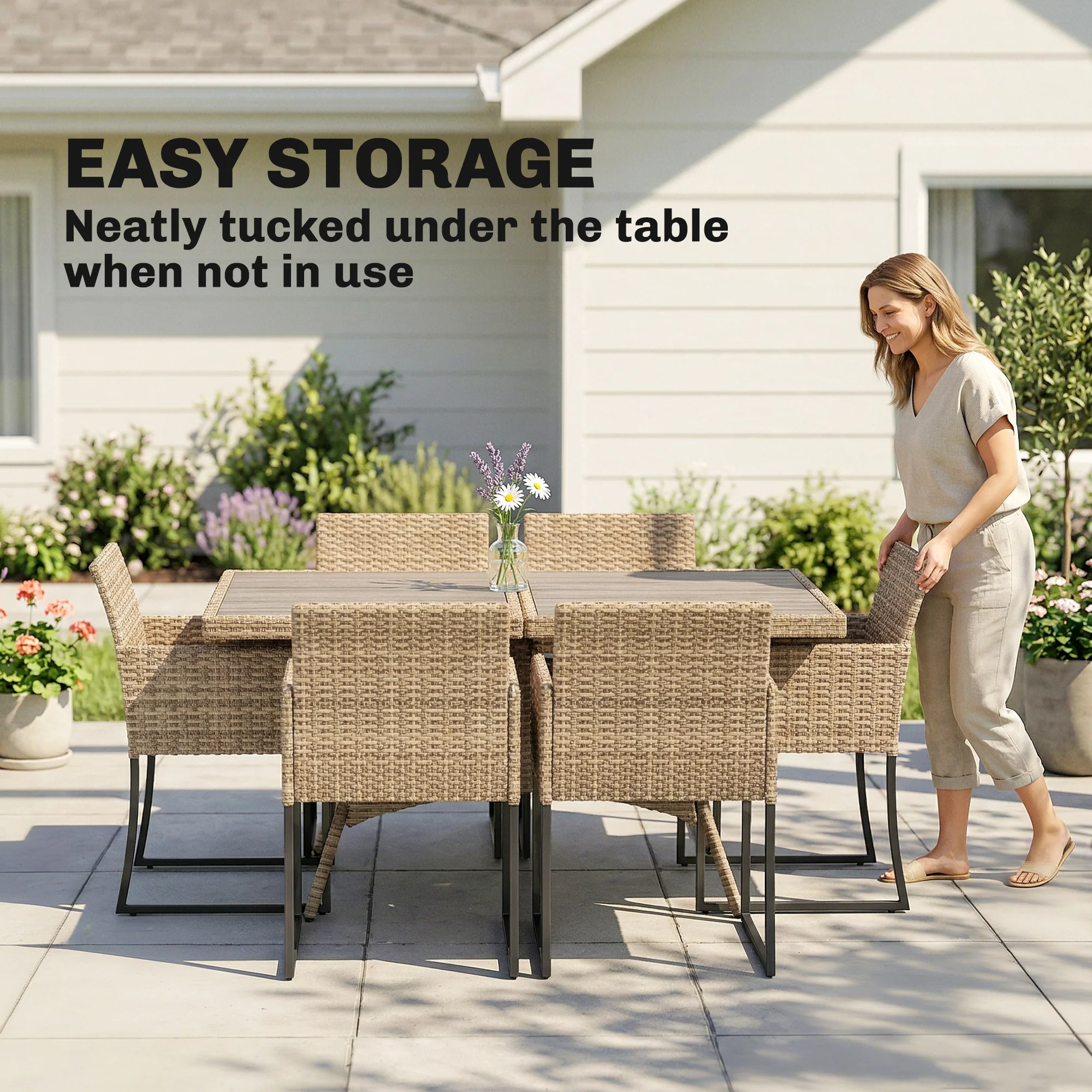 7-Piece Dark Grey Rattan Dining Set with WPC Table, 6 Chairs & Cushions - Image 7