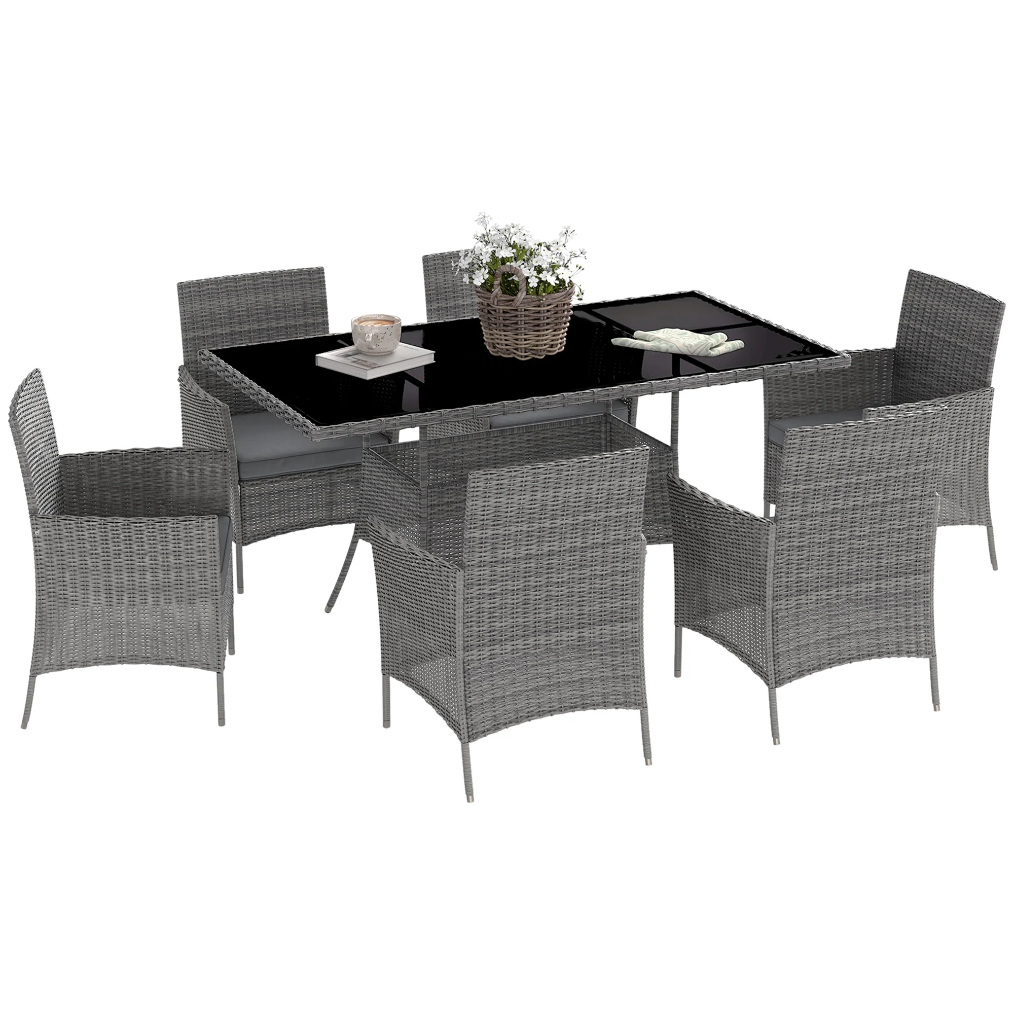 6 Seater Rattan Garden Furniture Set with Cushions & Rectangular Glass Tabletop, Charcoal Grey