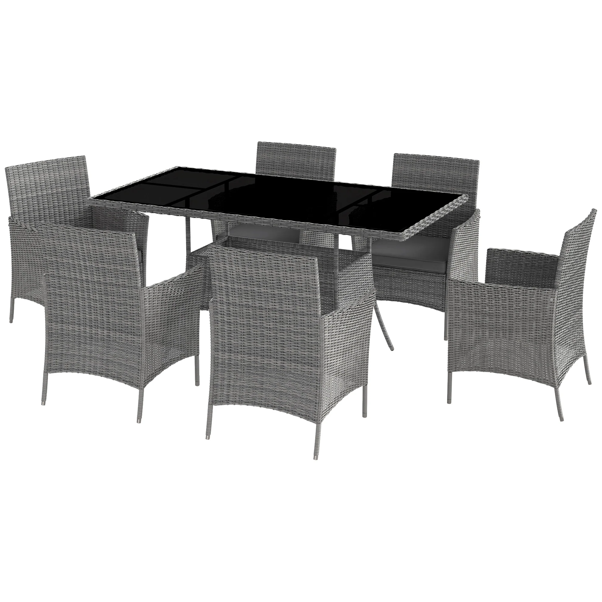 6 Seater Rattan Garden Furniture Set with Cushions & Rectangular Glass Tabletop, Charcoal Grey - Image 12