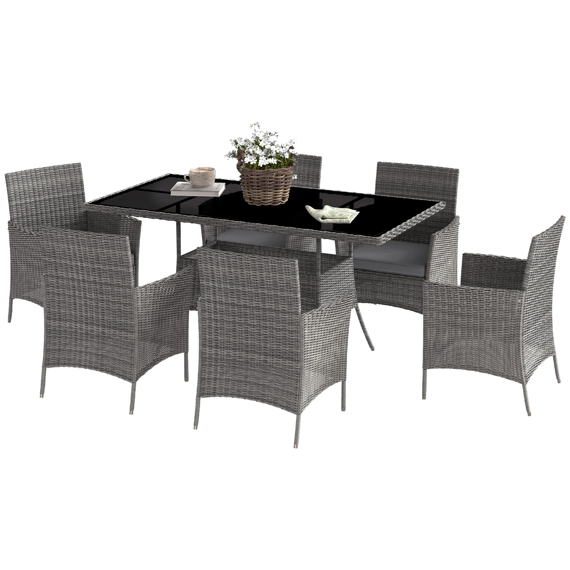 6 Seater Rattan Garden Furniture Set with Cushions & Rectangular Glass Tabletop, Charcoal Grey - Image 2