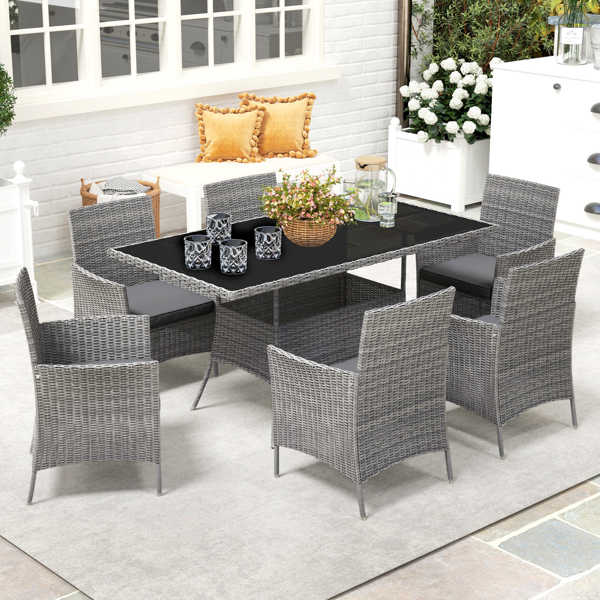 6 Seater Rattan Garden Furniture Set with Cushions & Rectangular Glass Tabletop, Charcoal Grey - Image 3
