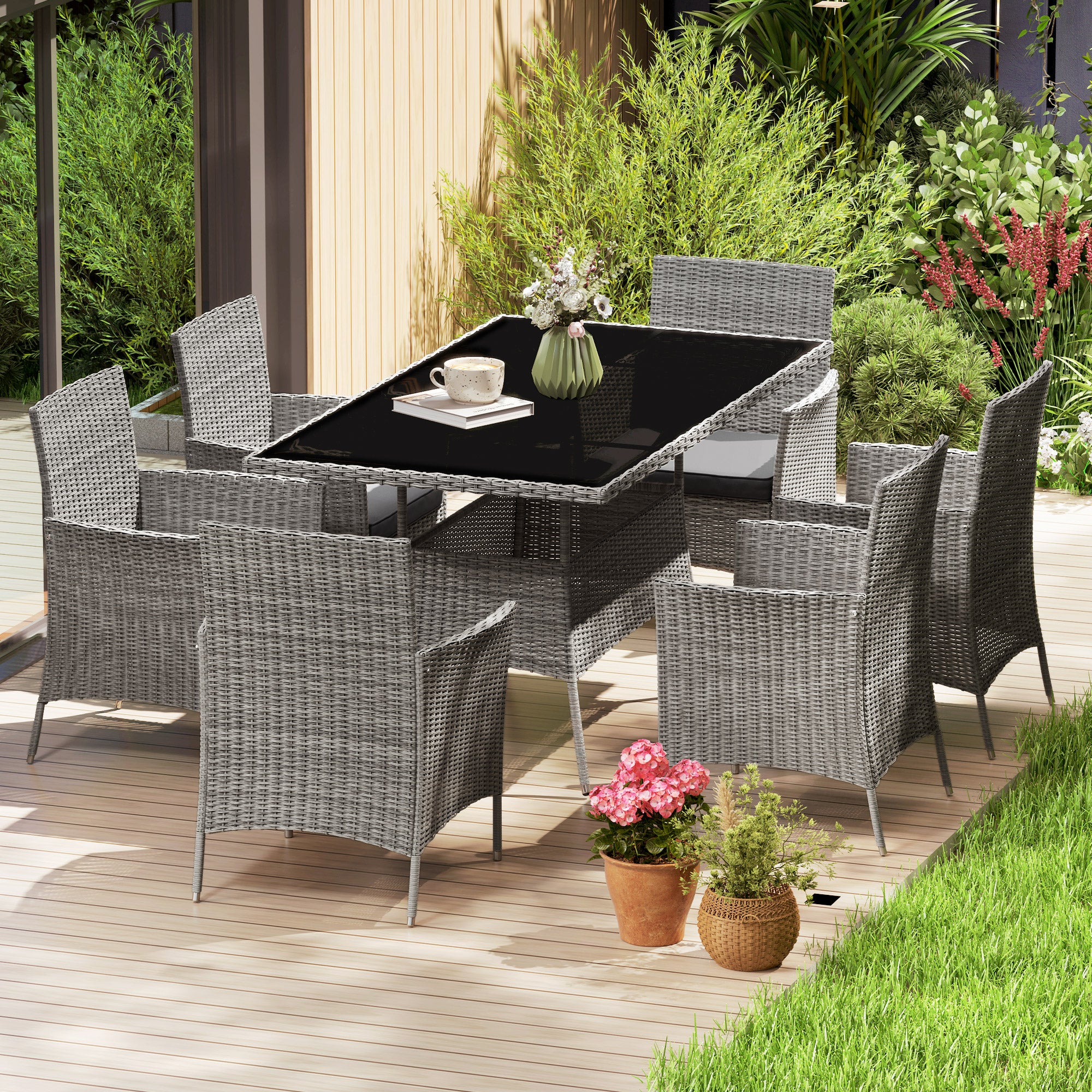 6 Seater Rattan Garden Furniture Set with Cushions & Rectangular Glass Tabletop, Charcoal Grey - Image 4
