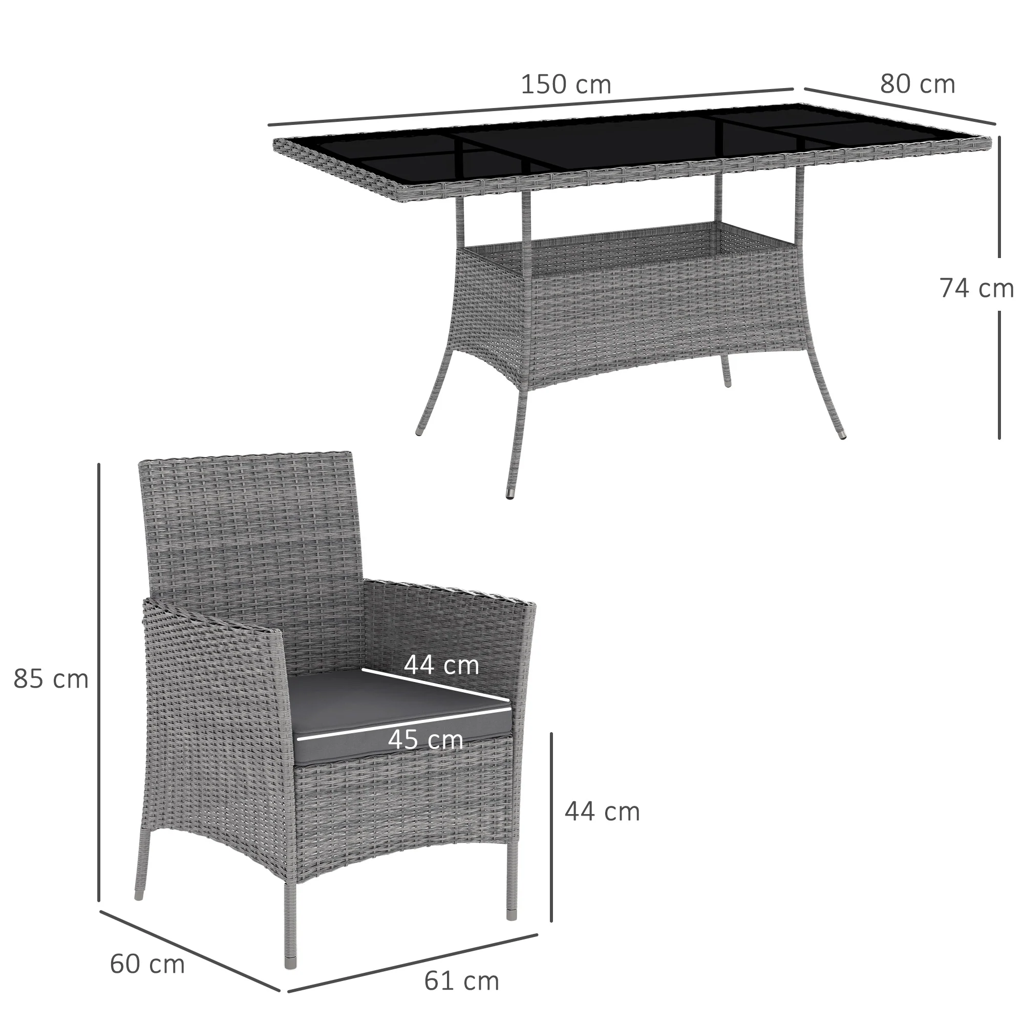 6 Seater Rattan Garden Furniture Set with Cushions & Rectangular Glass Tabletop, Charcoal Grey - Image 5