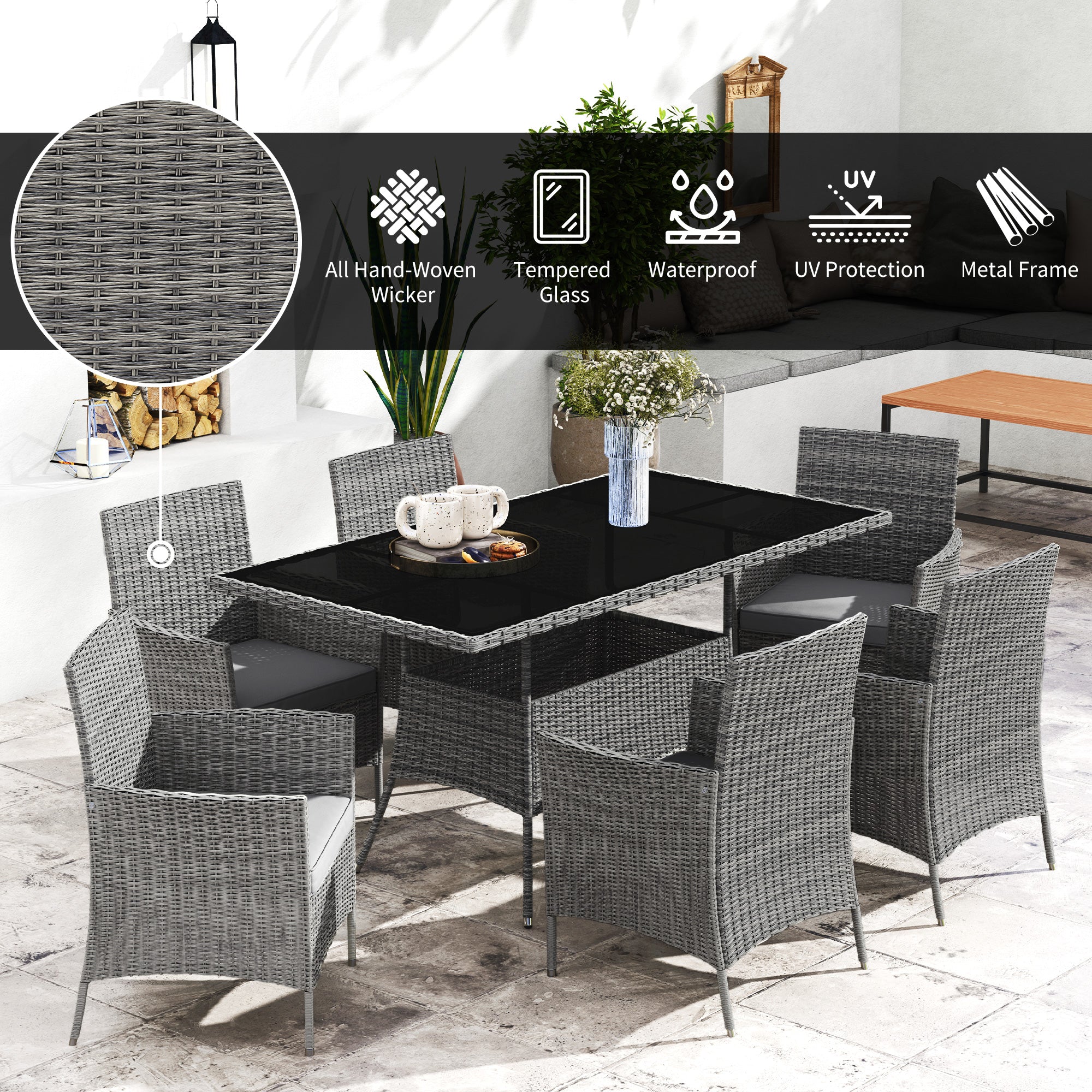 6 Seater Rattan Garden Furniture Set with Cushions & Rectangular Glass Tabletop, Charcoal Grey - Image 6