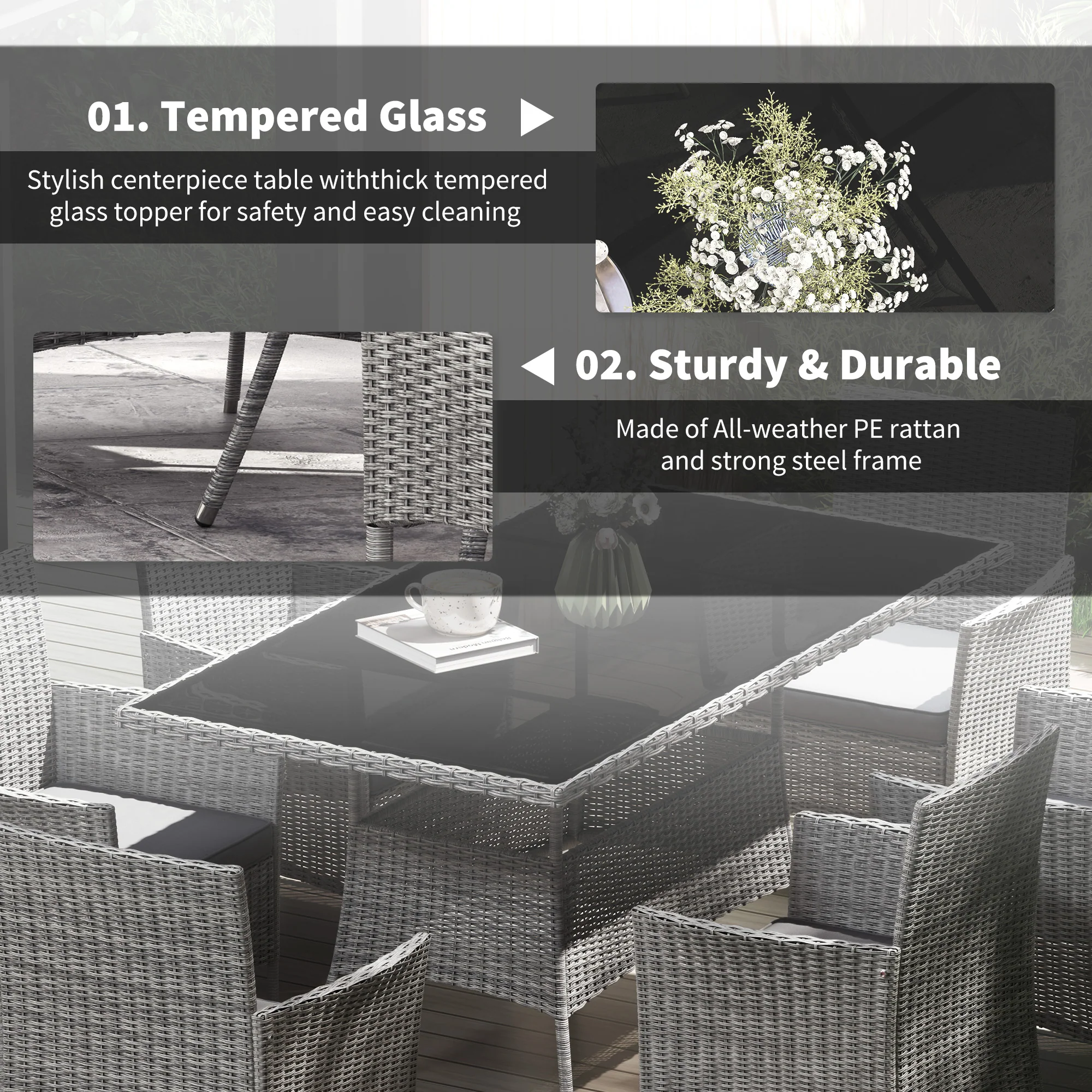 6 Seater Rattan Garden Furniture Set with Cushions & Rectangular Glass Tabletop, Charcoal Grey - Image 8