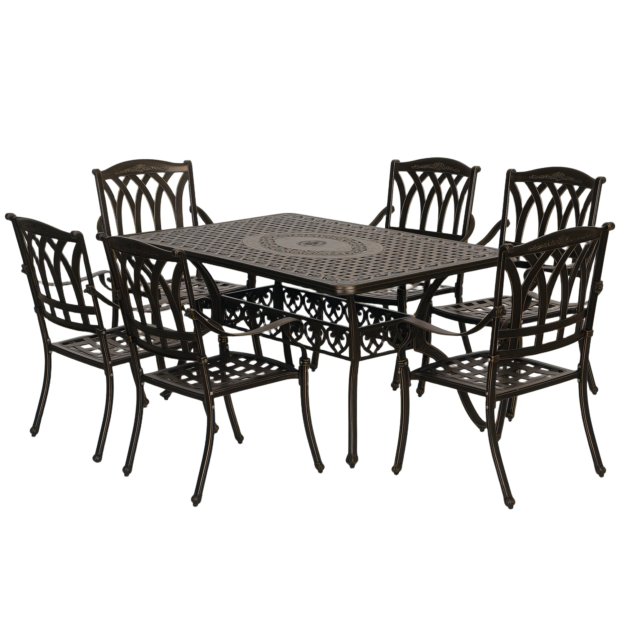 7 Pieces Cast Aluminium Garden Dining Set, 6 Seater Garden Table and Chairs with Parasol Hole, Outdoor Garden Furniture Set with Cushions for Patio, Bronze Tone - Image 12