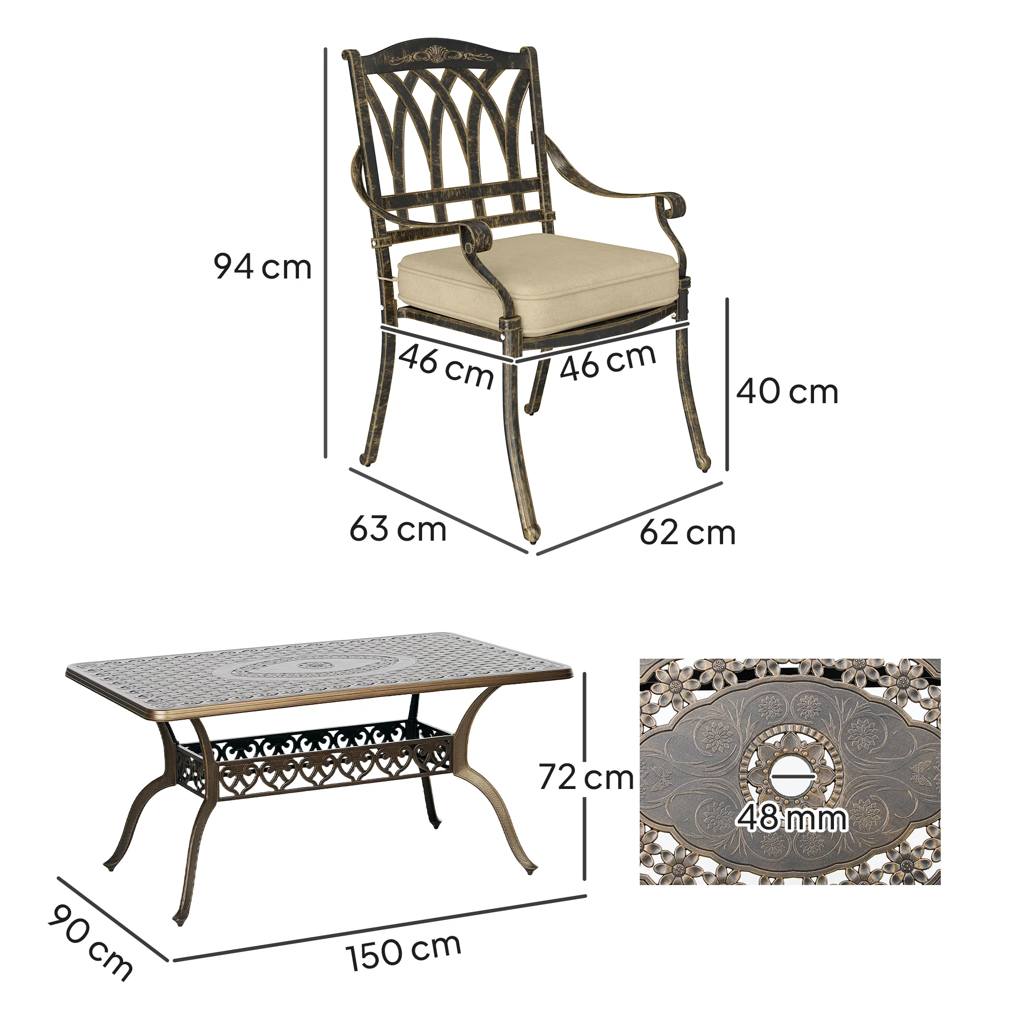 7 Pieces Cast Aluminium Garden Dining Set, 6 Seater Garden Table and Chairs with Parasol Hole, Outdoor Garden Furniture Set with Cushions for Patio, Bronze Tone - Image 5