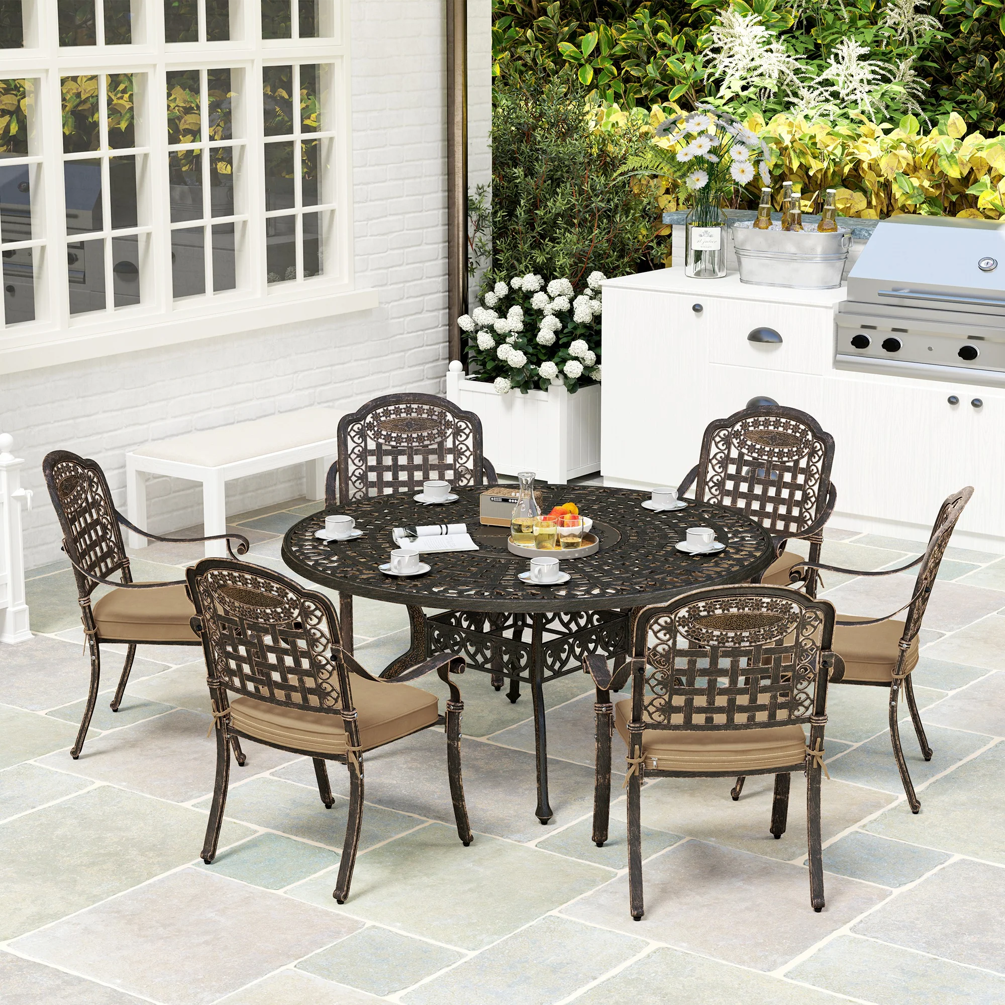 7 Pieces Outdoor Dining Set for 6, Aluminum Patio Furniture Set w/ Umbrella Hole, Bronze - Image 10
