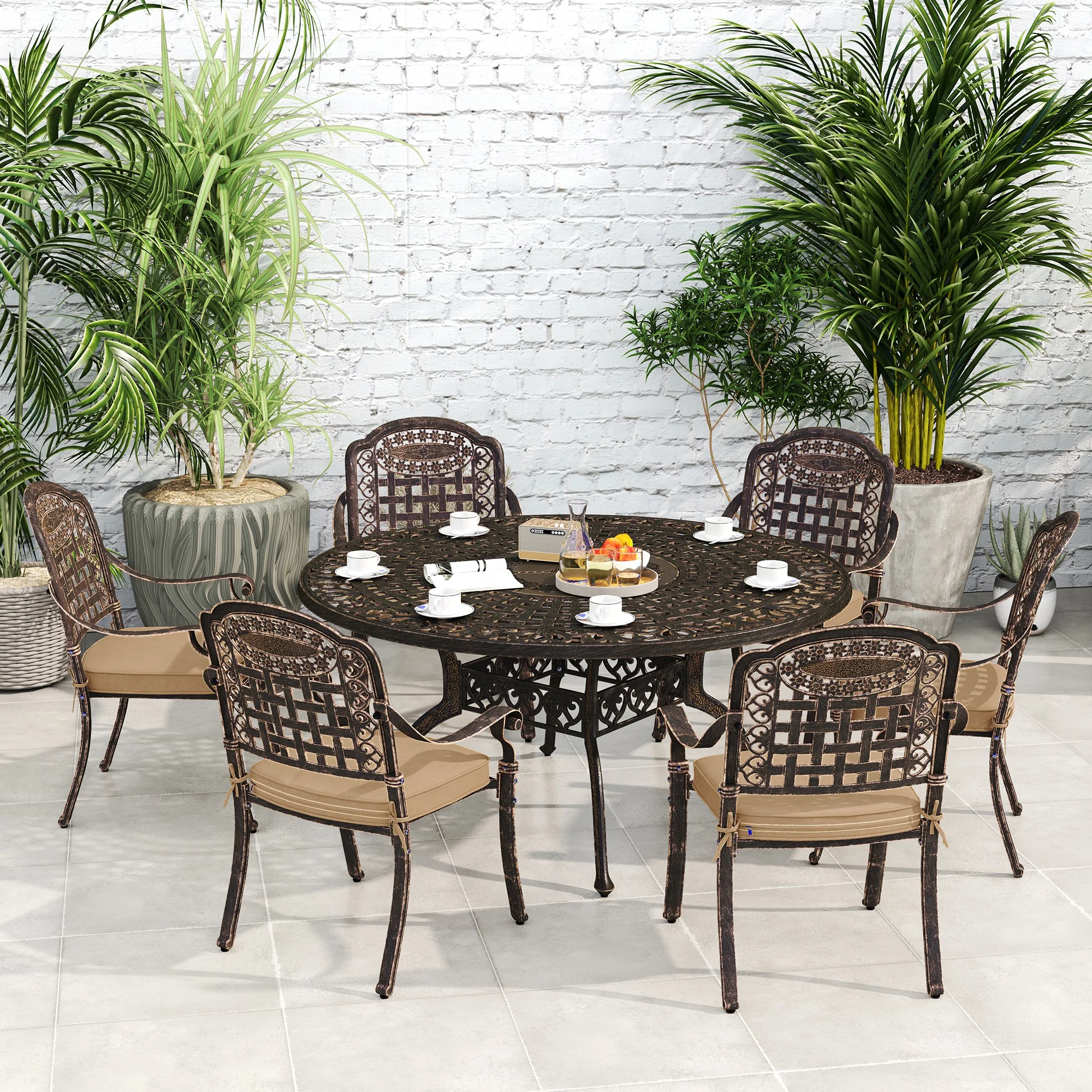7 Pieces Outdoor Dining Set for 6, Aluminum Patio Furniture Set w/ Umbrella Hole, Bronze - Image 11