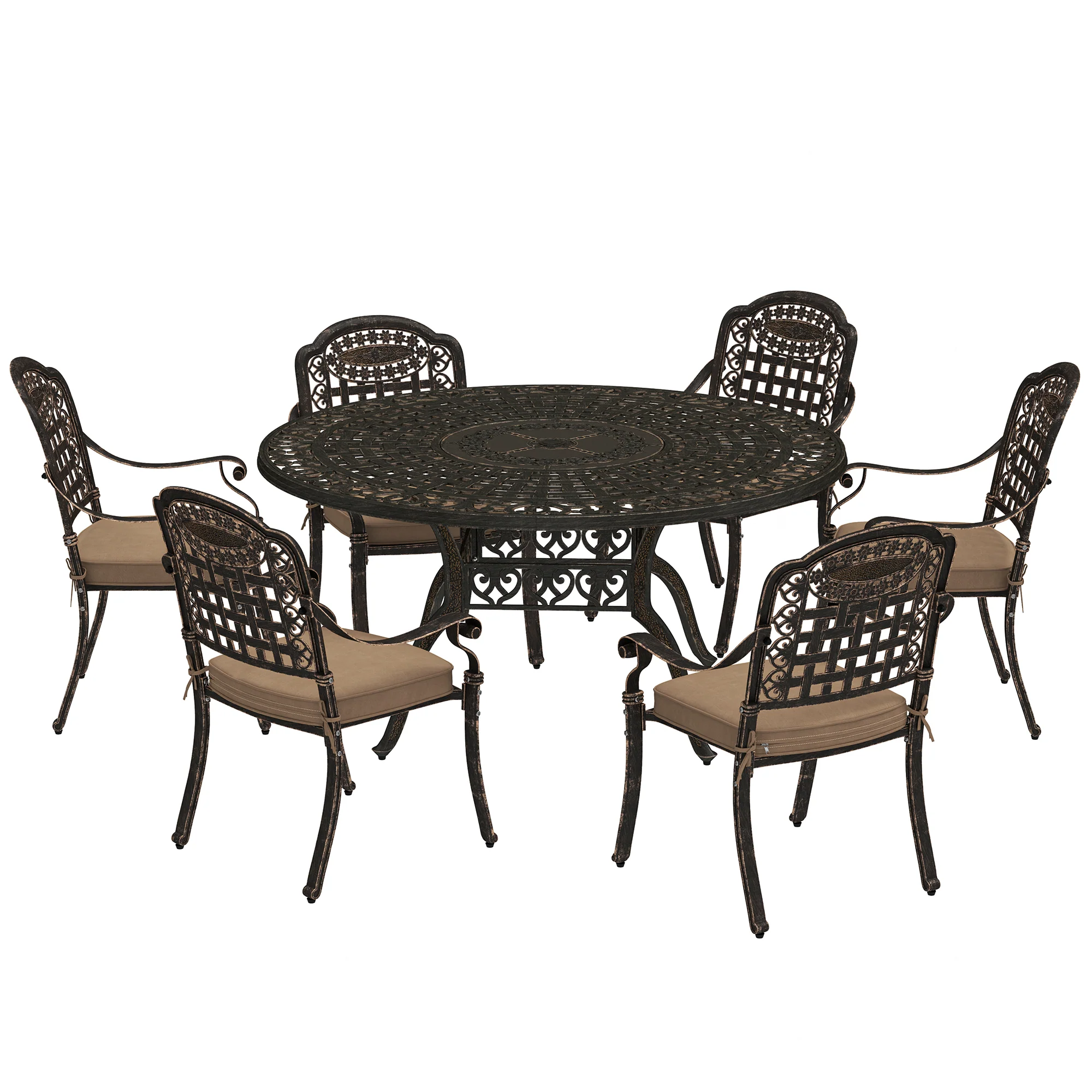 7 Pieces Outdoor Dining Set for 6, Aluminum Patio Furniture Set w/ Umbrella Hole, Bronze - Image 12