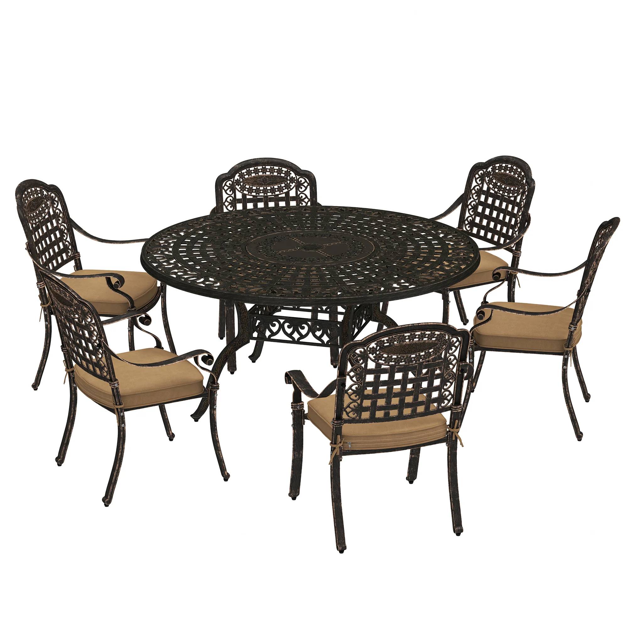 7 Pieces Outdoor Dining Set for 6, Aluminum Patio Furniture Set w/ Umbrella Hole, Bronze - Image 2