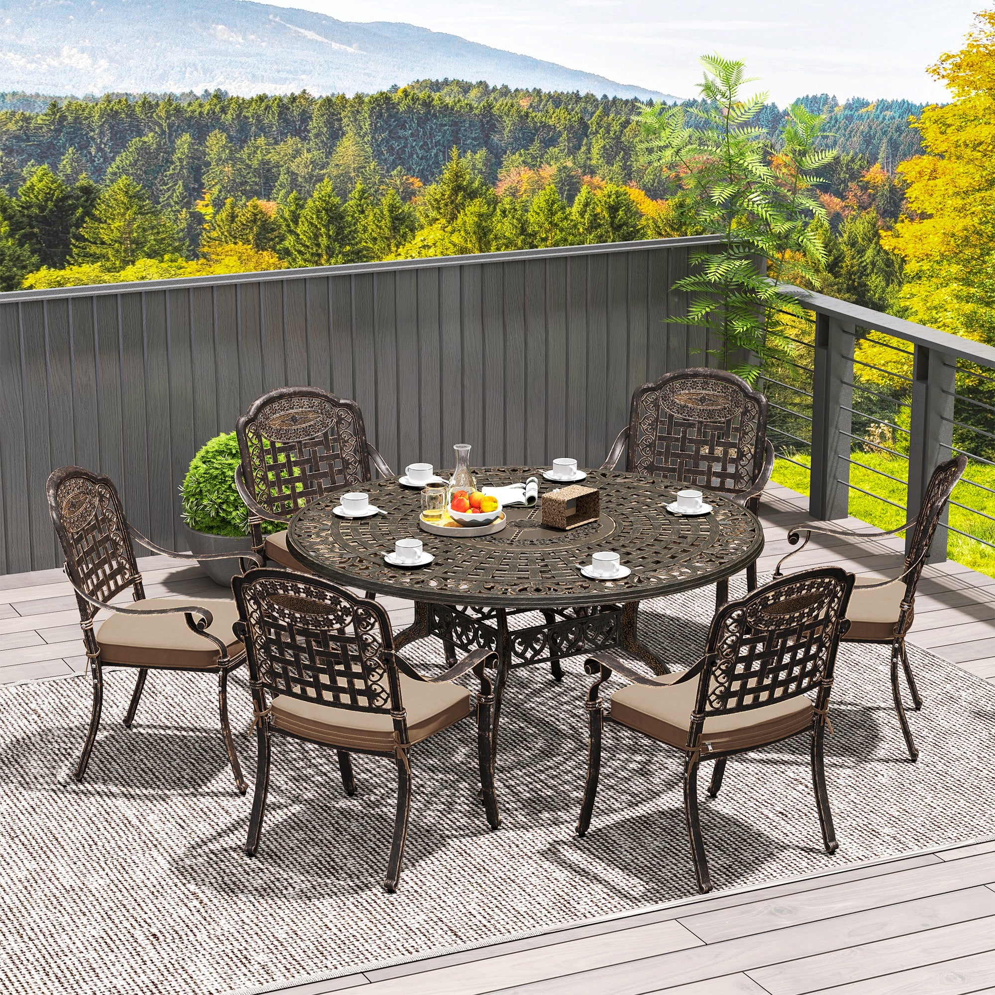7 Pieces Outdoor Dining Set for 6, Aluminum Patio Furniture Set w/ Umbrella Hole, Bronze - Image 3
