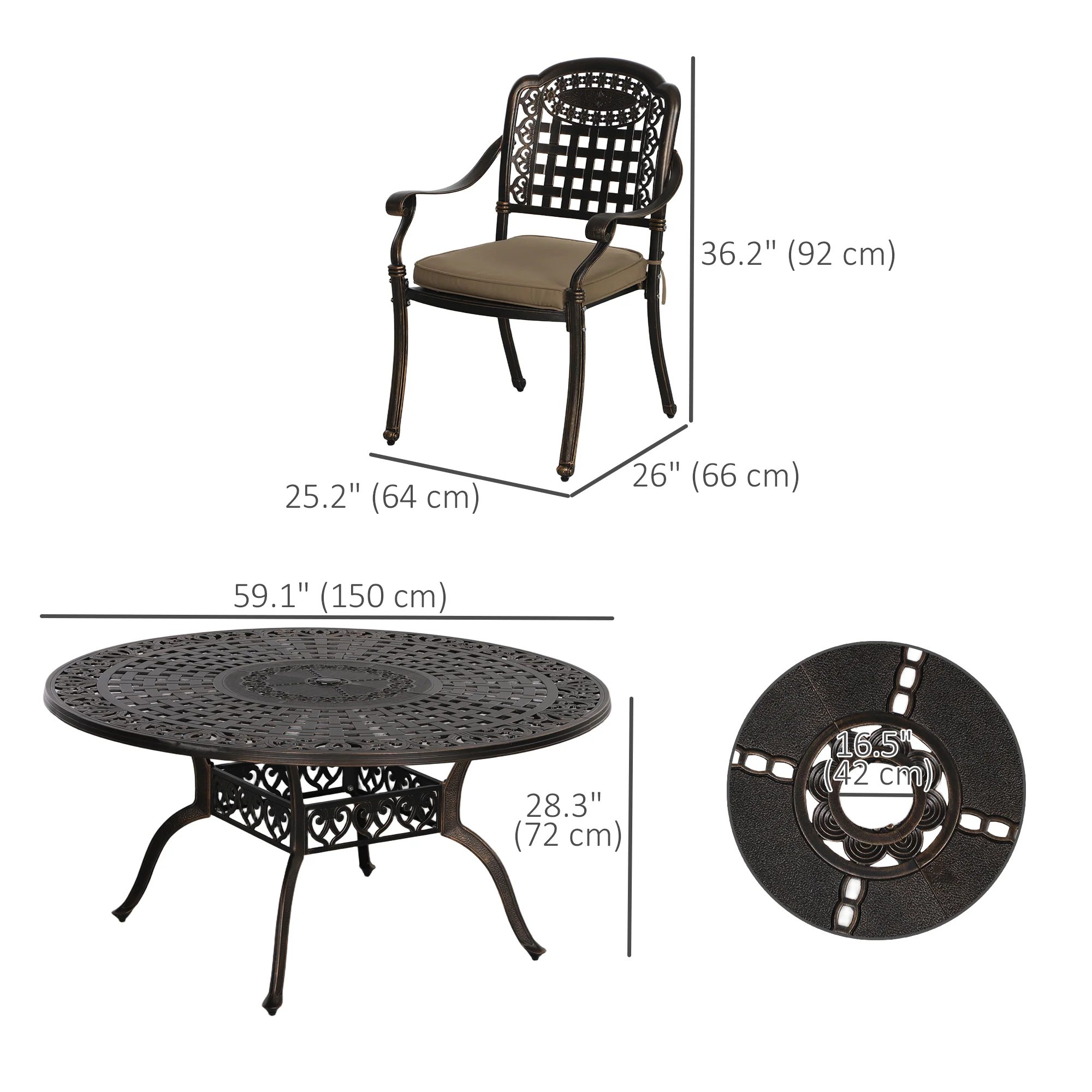 7 Pieces Outdoor Dining Set for 6, Aluminum Patio Furniture Set w/ Umbrella Hole, Bronze - Image 5