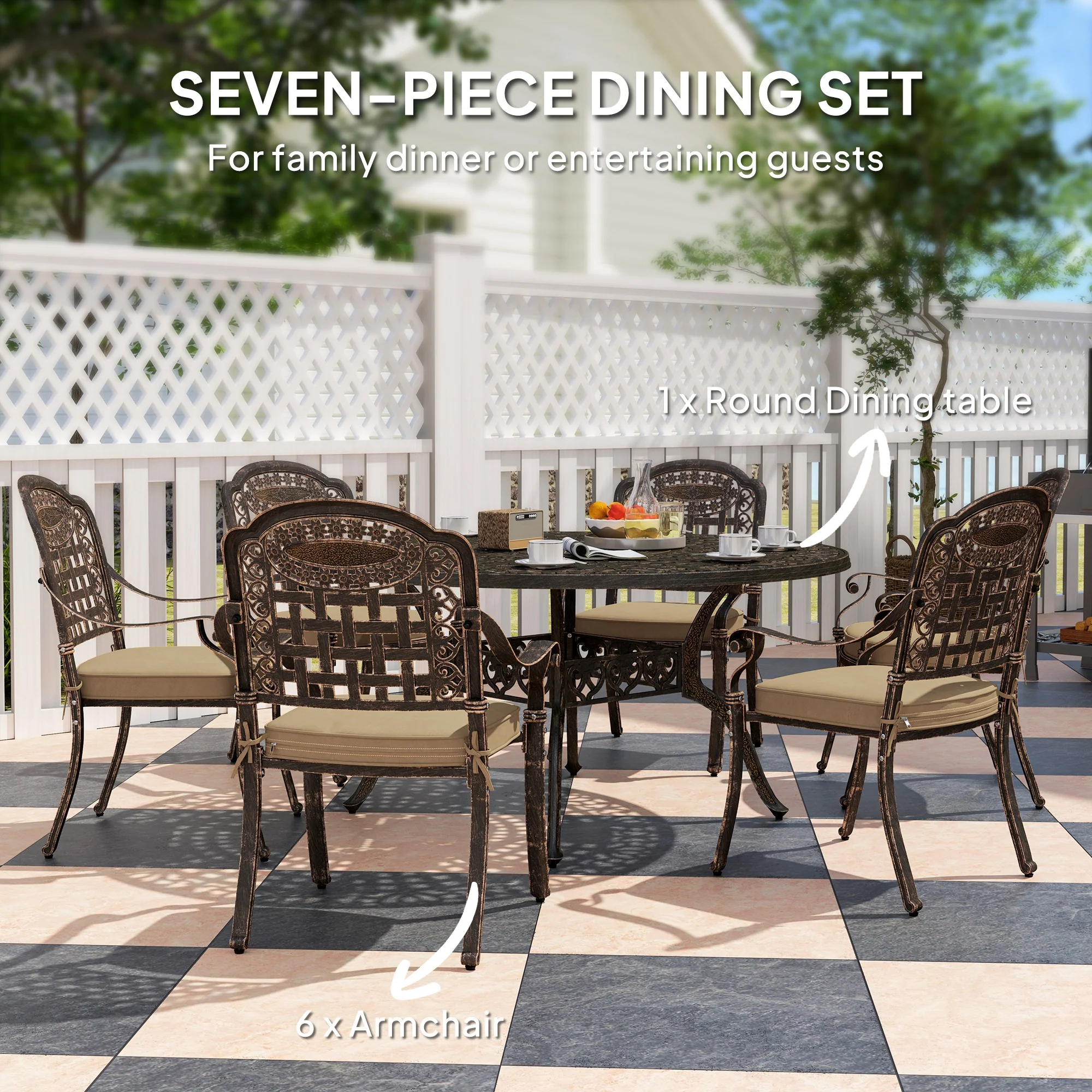 7 Pieces Outdoor Dining Set for 6, Aluminum Patio Furniture Set w/ Umbrella Hole, Bronze - Image 6