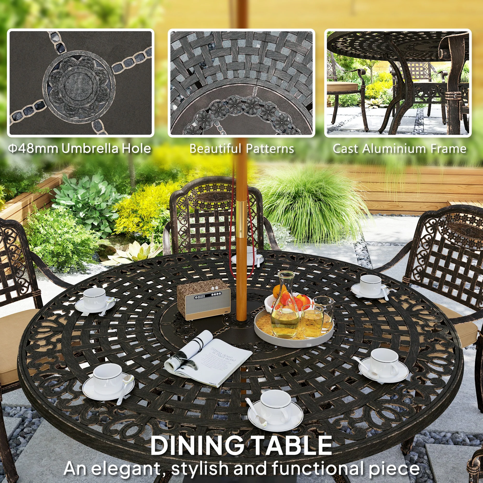 7 Pieces Outdoor Dining Set for 6, Aluminum Patio Furniture Set w/ Umbrella Hole, Bronze - Image 8