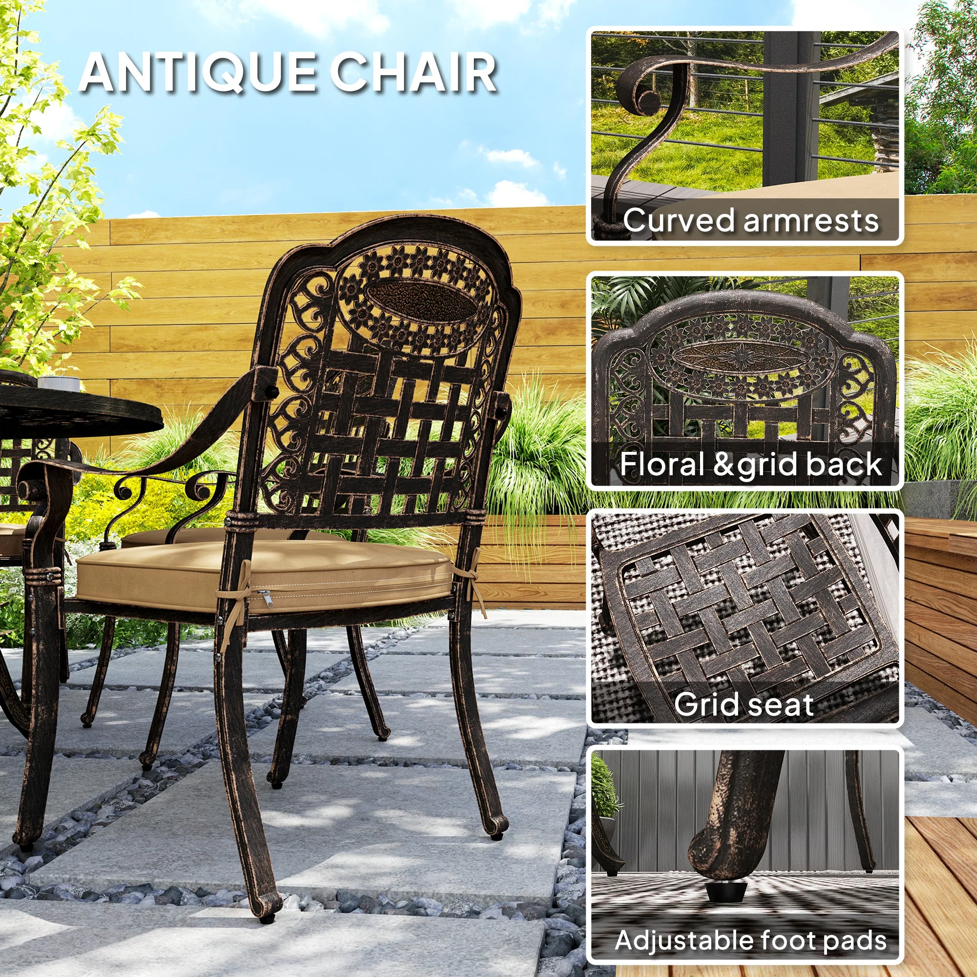 7 Pieces Outdoor Dining Set for 6, Aluminum Patio Furniture Set w/ Umbrella Hole, Bronze - Image 9