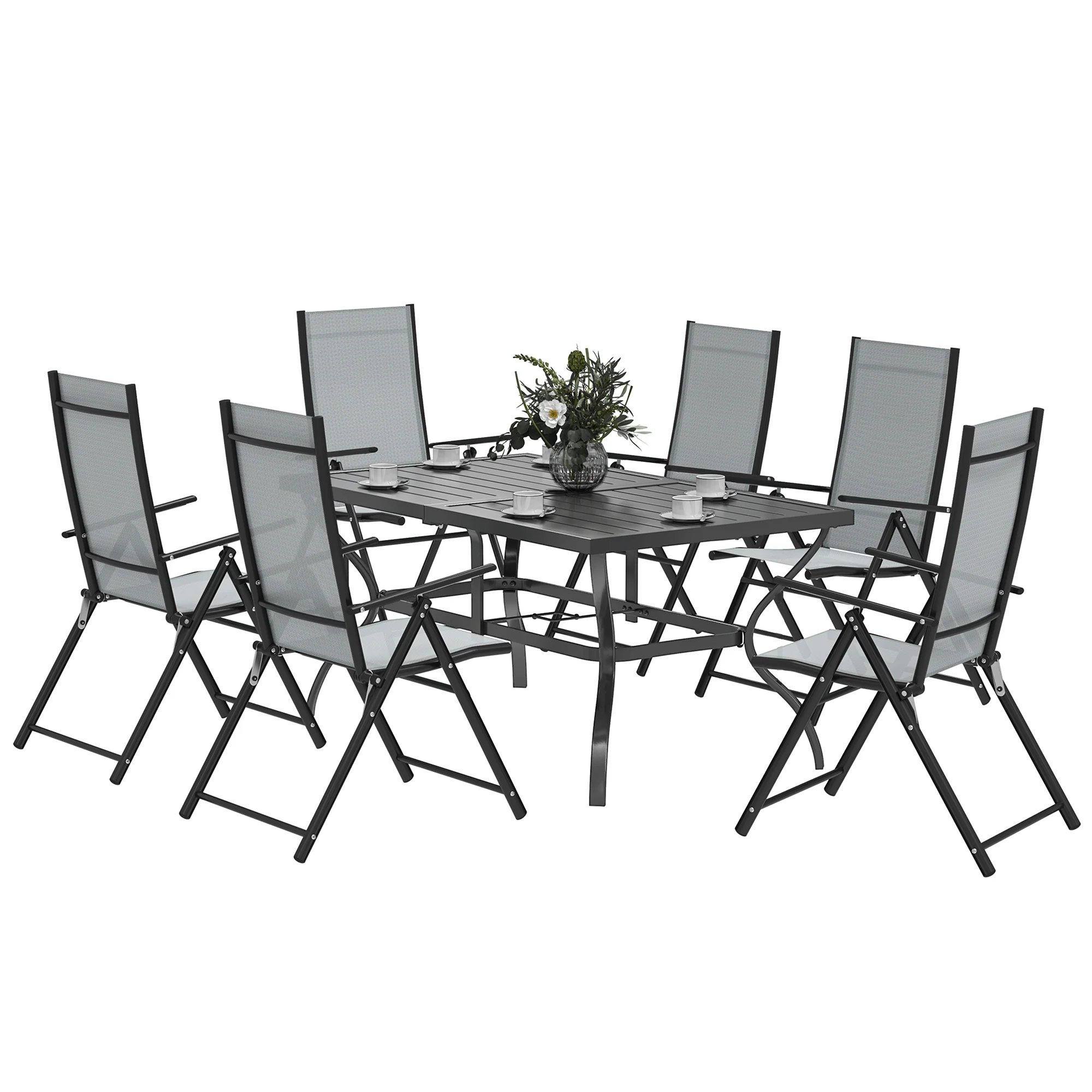7 Pieces Garden Dining Set, 6 Seater Garden Furniture Set with Parasol Hole, Outdoor Dining Set with High Back Folding Chairs and Square Metal Top Table for Outdoor Patio, Grey