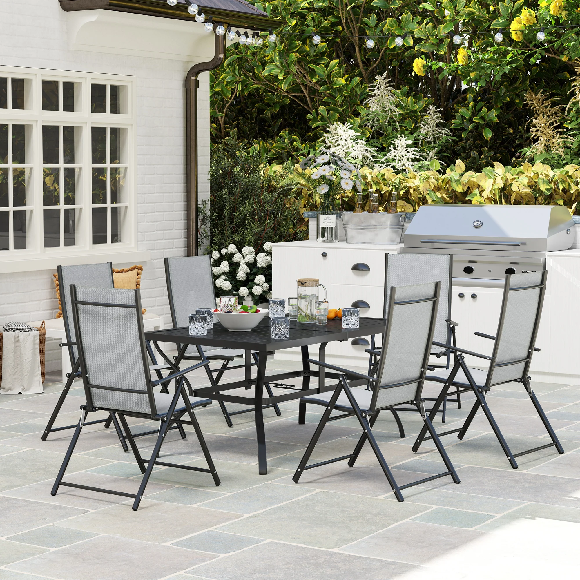 7 Pieces Garden Dining Set, 6 Seater Garden Furniture Set with Parasol Hole, Outdoor Dining Set with High Back Folding Chairs and Square Metal Top Table for Outdoor Patio, Grey - Image 11