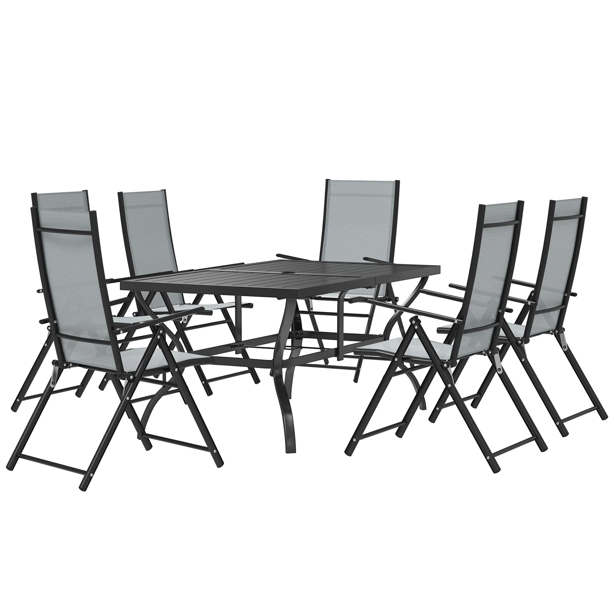 7 Pieces Garden Dining Set, 6 Seater Garden Furniture Set with Parasol Hole, Outdoor Dining Set with High Back Folding Chairs and Square Metal Top Table for Outdoor Patio, Grey - Image 2