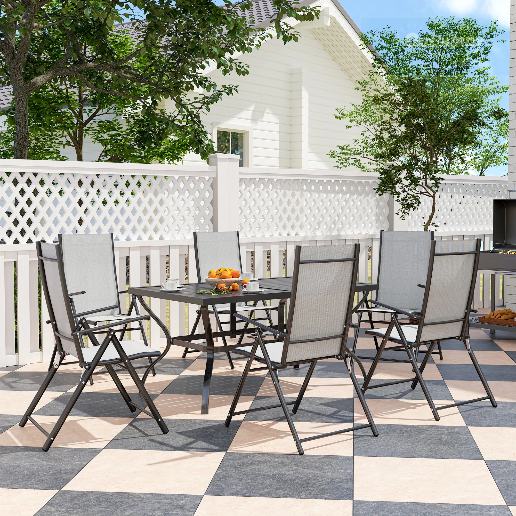 7 Pieces Garden Dining Set, 6 Seater Garden Furniture Set with Parasol Hole, Outdoor Dining Set with High Back Folding Chairs and Square Metal Top Table for Outdoor Patio, Grey - Image 3
