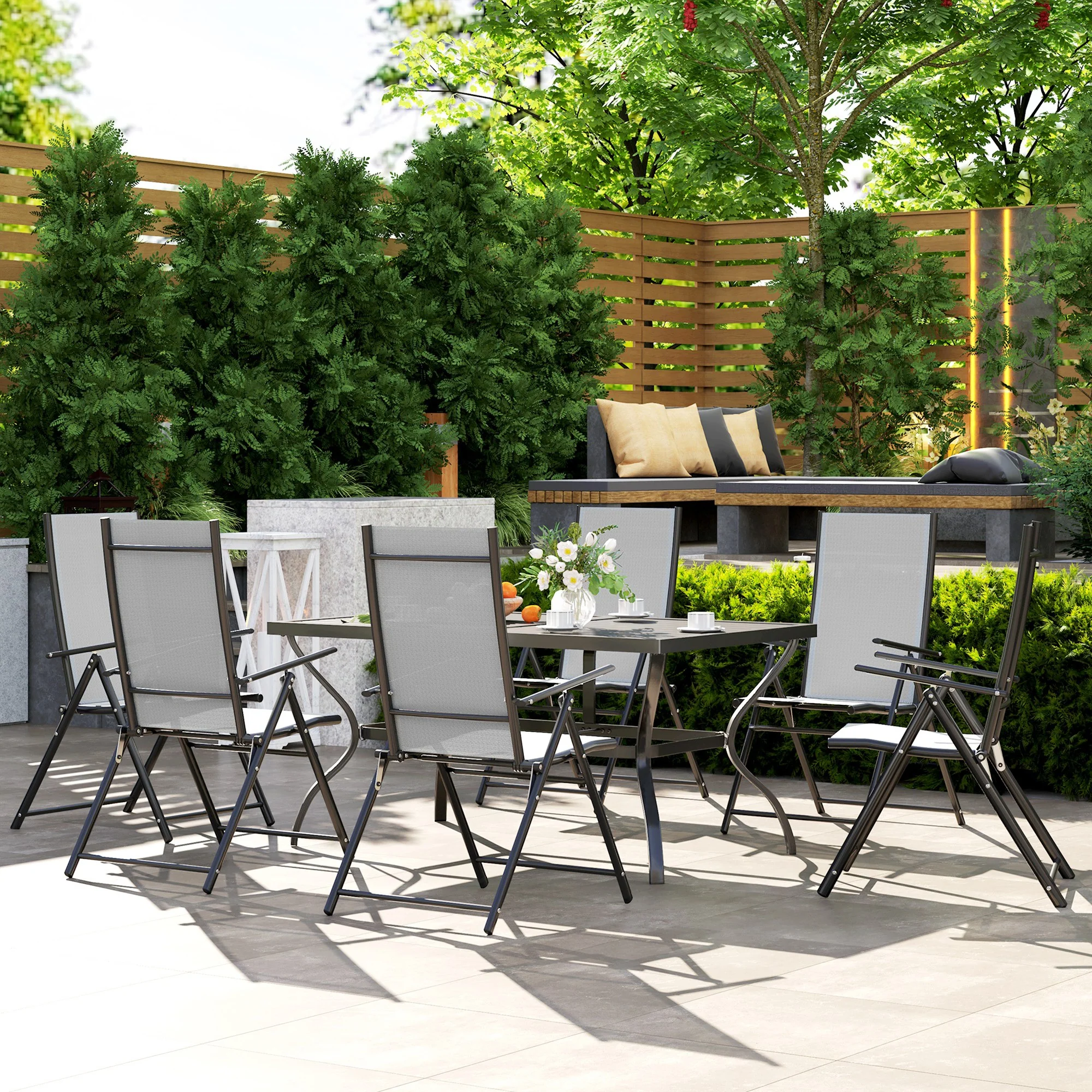 7 Pieces Garden Dining Set, 6 Seater Garden Furniture Set with Parasol Hole, Outdoor Dining Set with High Back Folding Chairs and Square Metal Top Table for Outdoor Patio, Grey - Image 4
