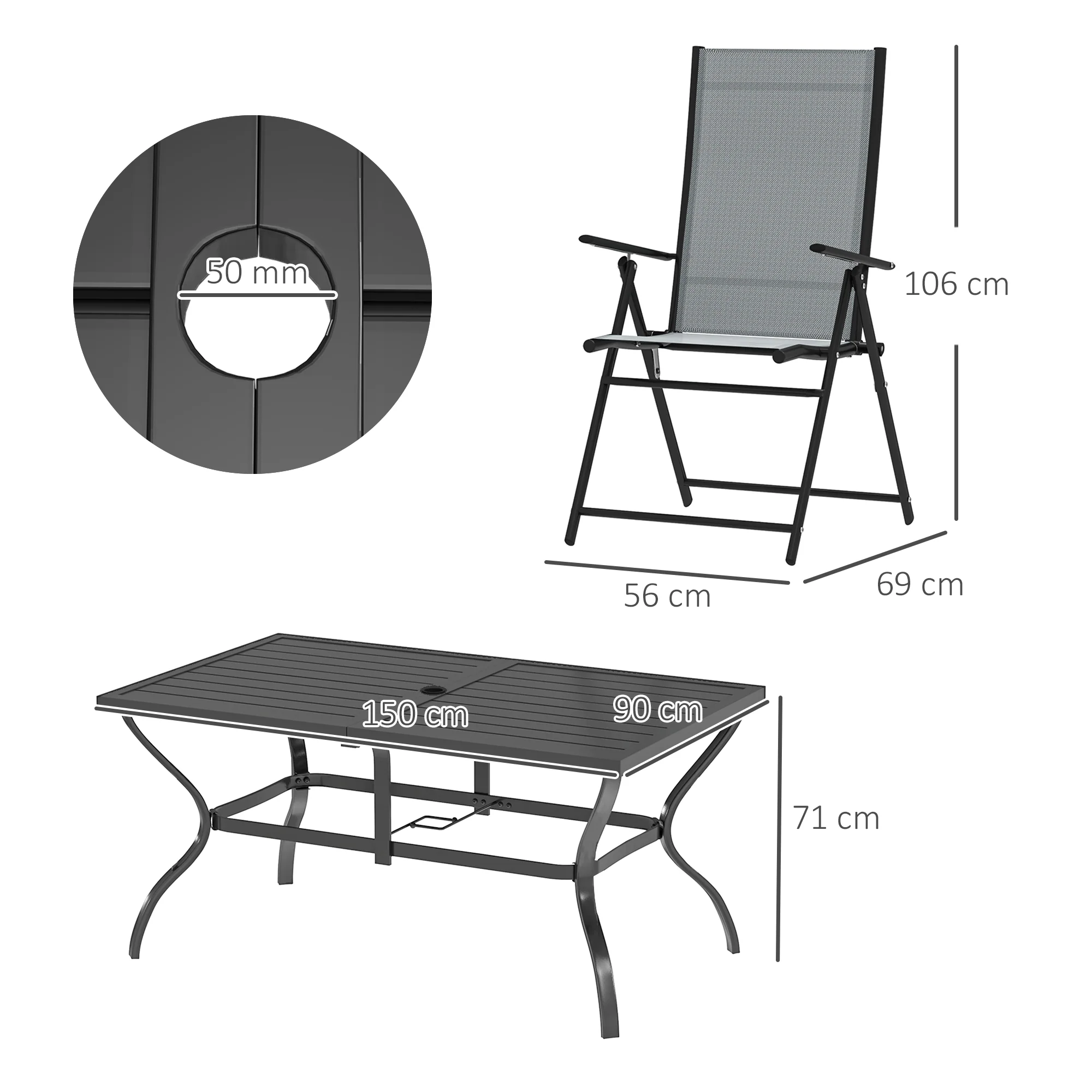 7 Pieces Garden Dining Set, 6 Seater Garden Furniture Set with Parasol Hole, Outdoor Dining Set with High Back Folding Chairs and Square Metal Top Table for Outdoor Patio, Grey - Image 5