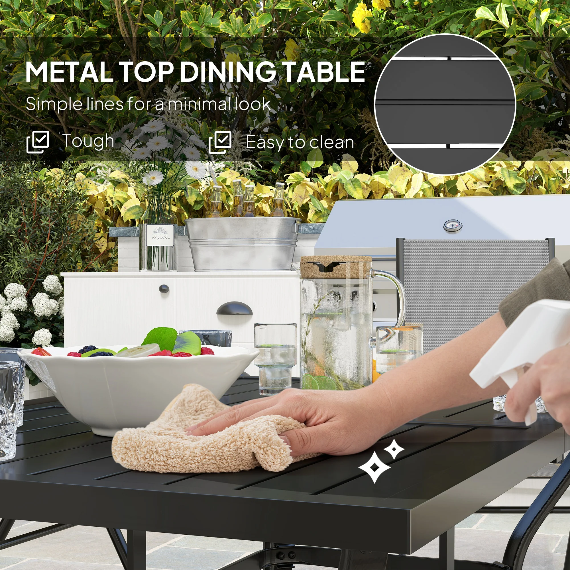 7 Pieces Garden Dining Set, 6 Seater Garden Furniture Set with Parasol Hole, Outdoor Dining Set with High Back Folding Chairs and Square Metal Top Table for Outdoor Patio, Grey - Image 7