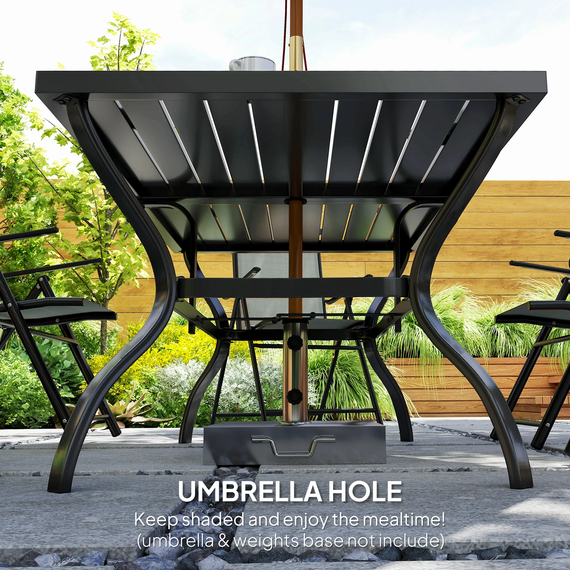 7 Pieces Garden Dining Set, 6 Seater Garden Furniture Set with Parasol Hole, Outdoor Dining Set with High Back Folding Chairs and Square Metal Top Table for Outdoor Patio, Grey - Image 8
