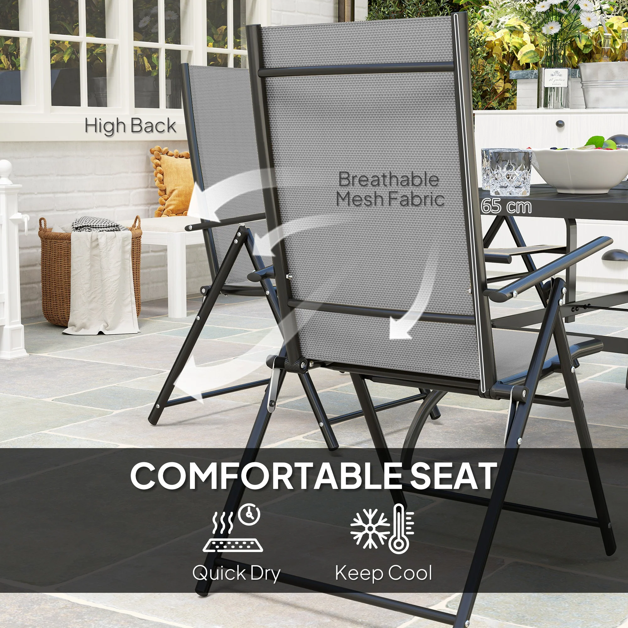 7 Pieces Garden Dining Set, 6 Seater Garden Furniture Set with Parasol Hole, Outdoor Dining Set with High Back Folding Chairs and Square Metal Top Table for Outdoor Patio, Grey - Image 9