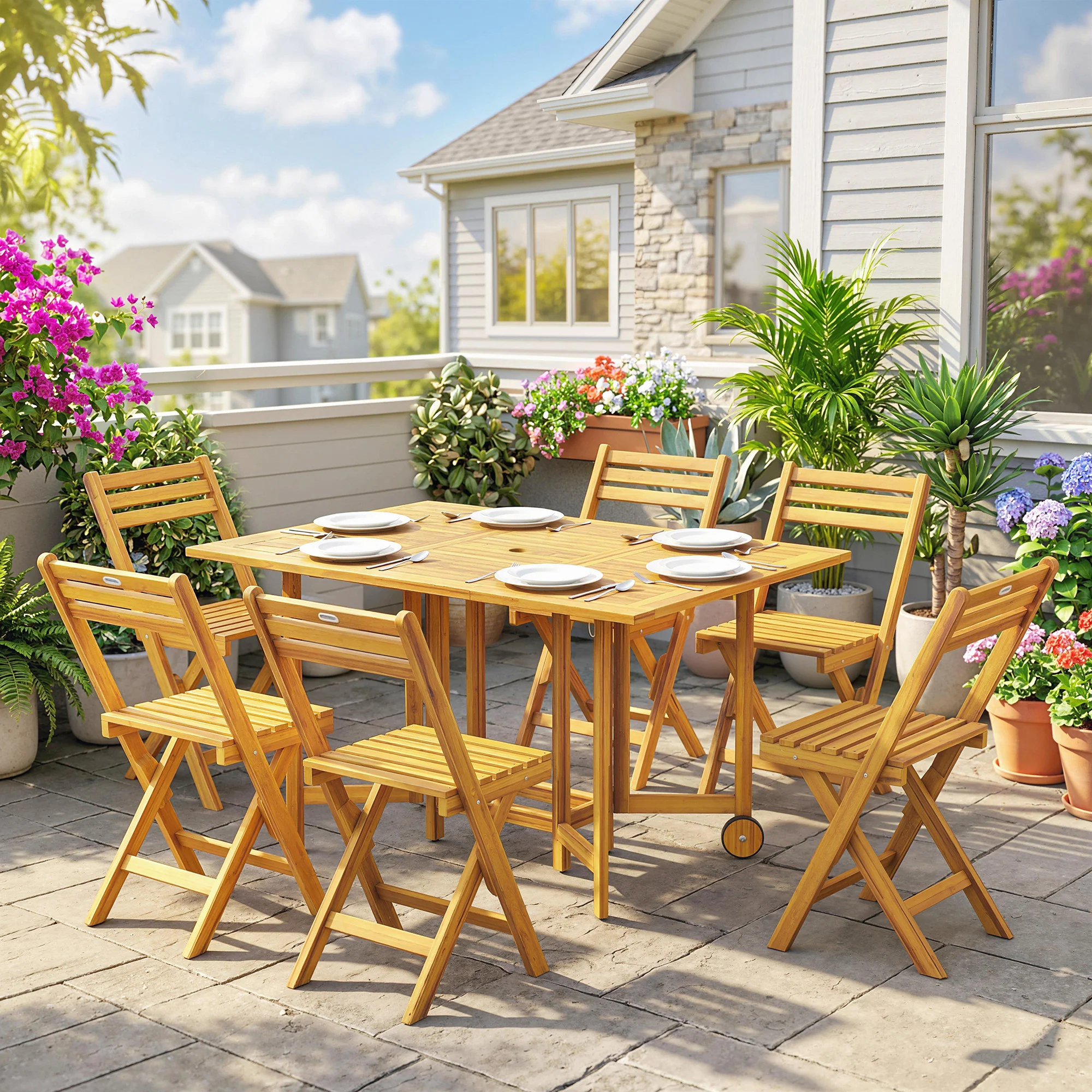 7-Piece Extending Acacia Dining Set with 6 Folding Chairs & Umbrella, Natural - Image 11