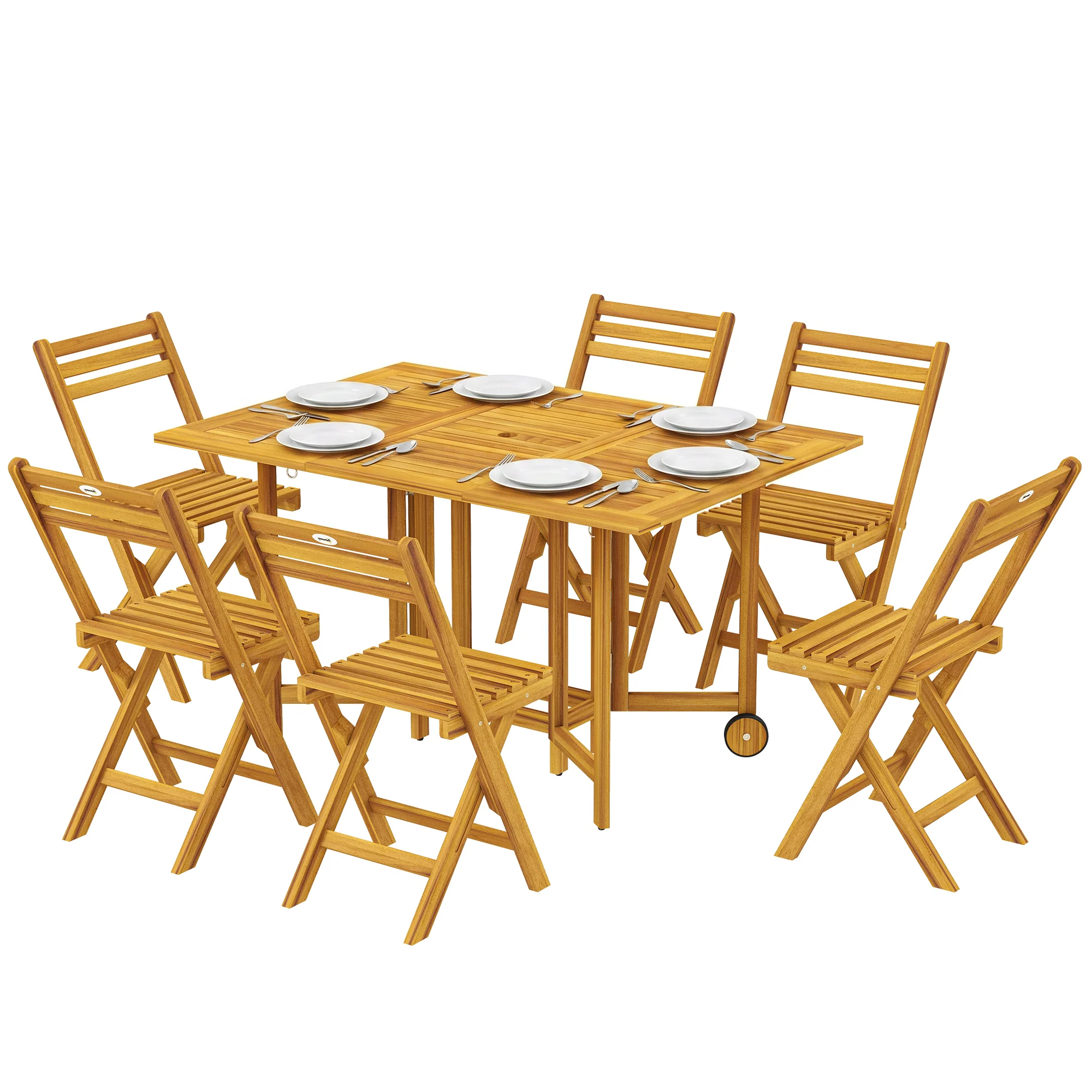 7-Piece Extending Acacia Dining Set with 6 Folding Chairs & Umbrella, Natural - Image 2