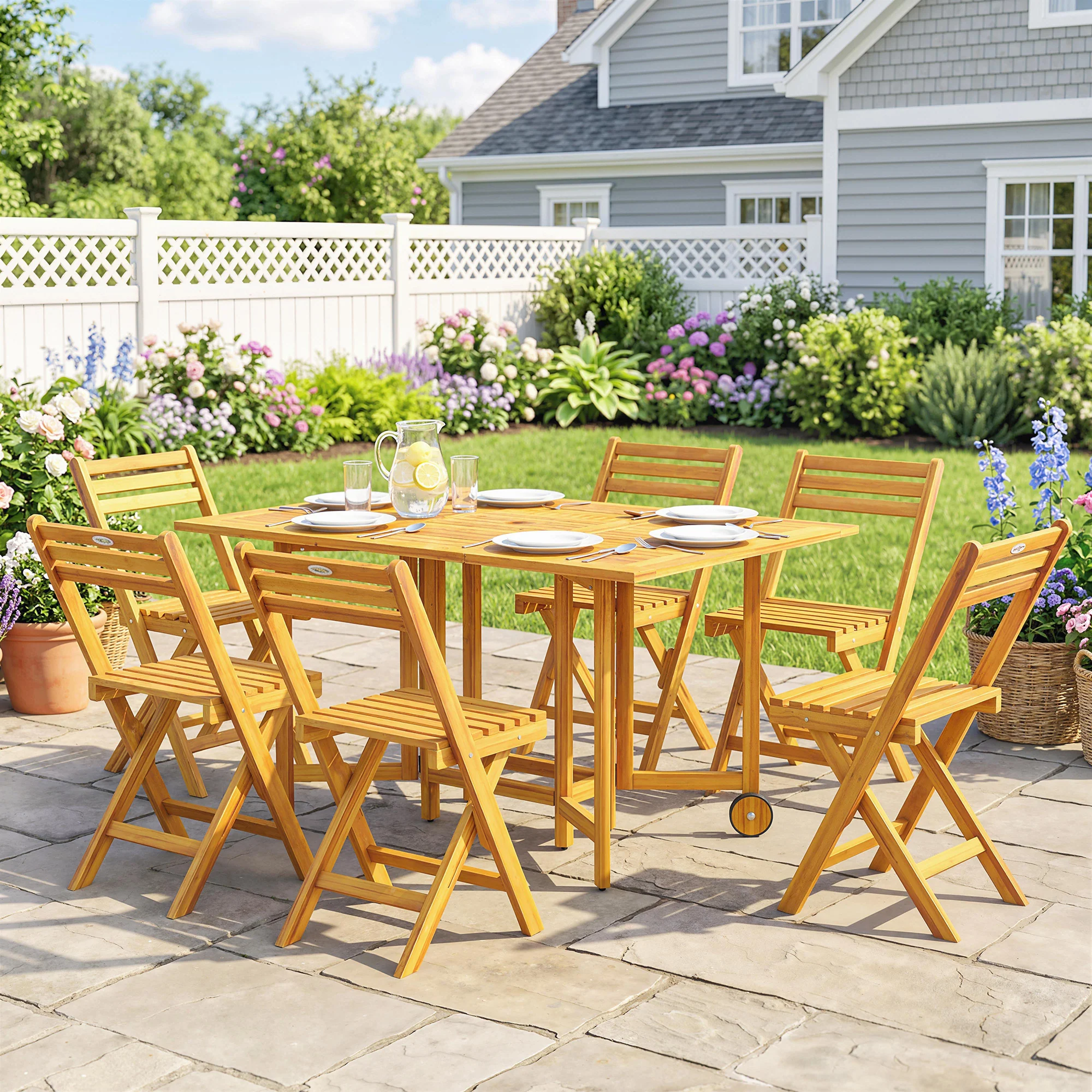 7-Piece Extending Acacia Dining Set with 6 Folding Chairs & Umbrella, Natural - Image 4