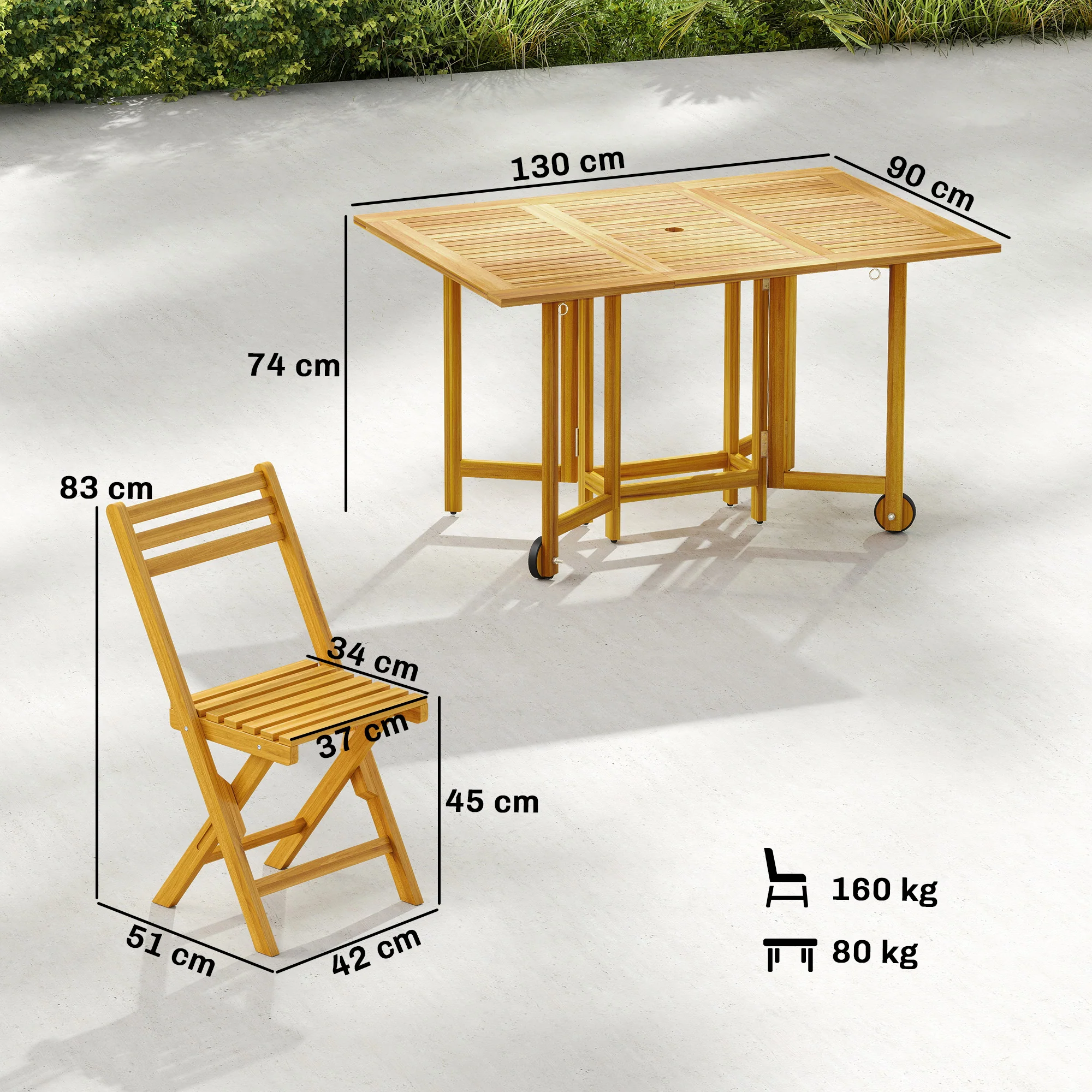 7-Piece Extending Acacia Dining Set with 6 Folding Chairs & Umbrella, Natural - Image 5