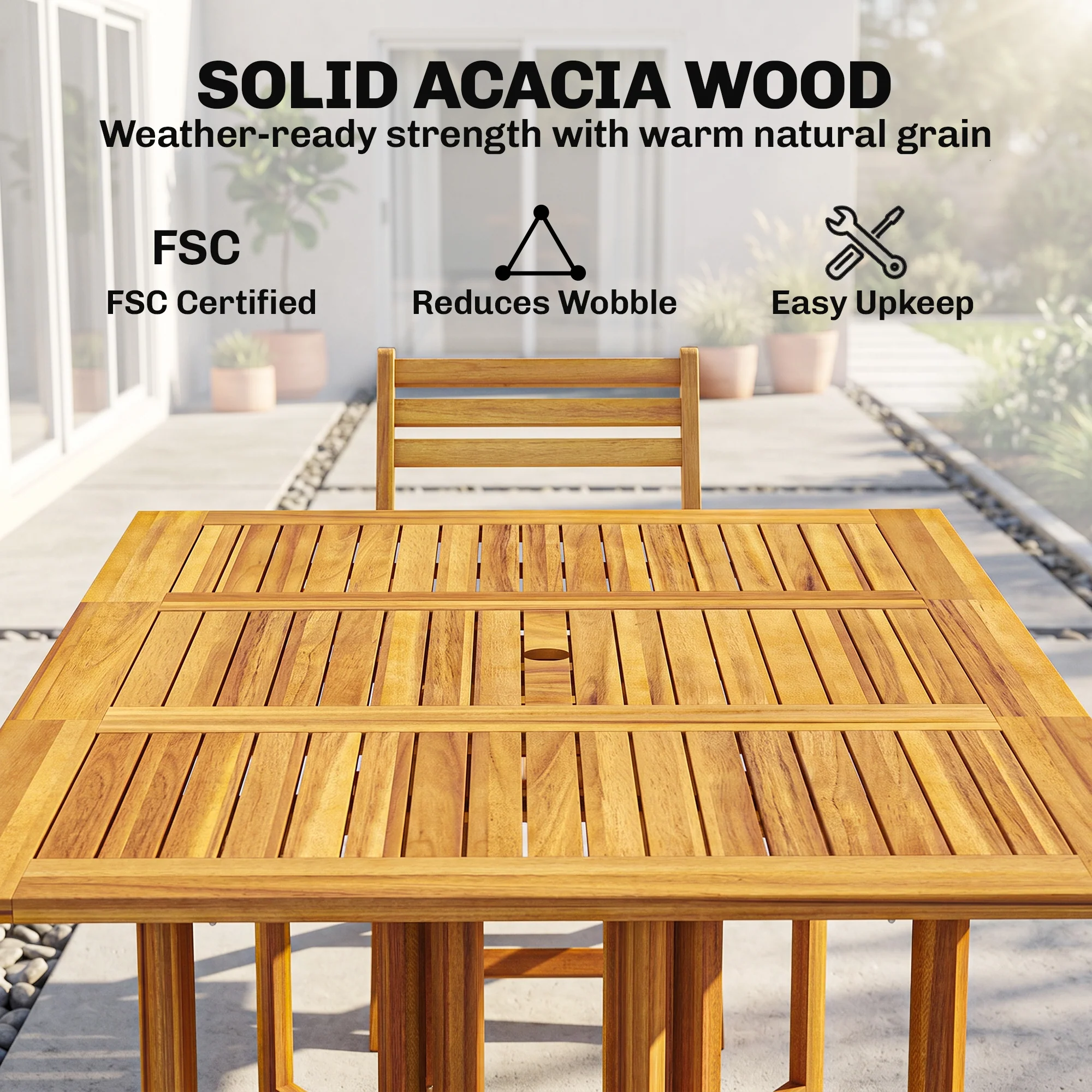 7-Piece Extending Acacia Dining Set with 6 Folding Chairs & Umbrella, Natural - Image 6