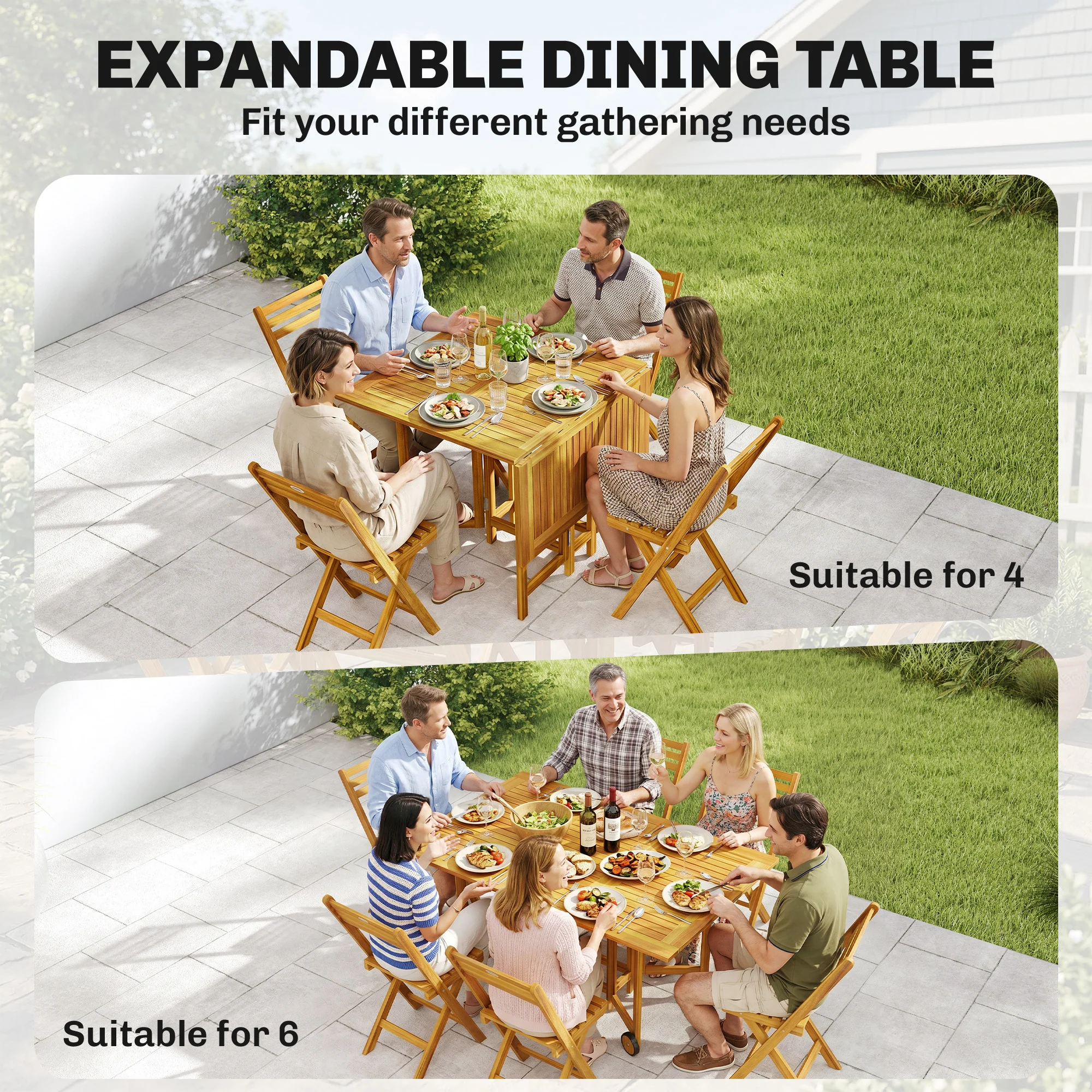 7-Piece Extending Acacia Dining Set with 6 Folding Chairs & Umbrella, Natural - Image 7