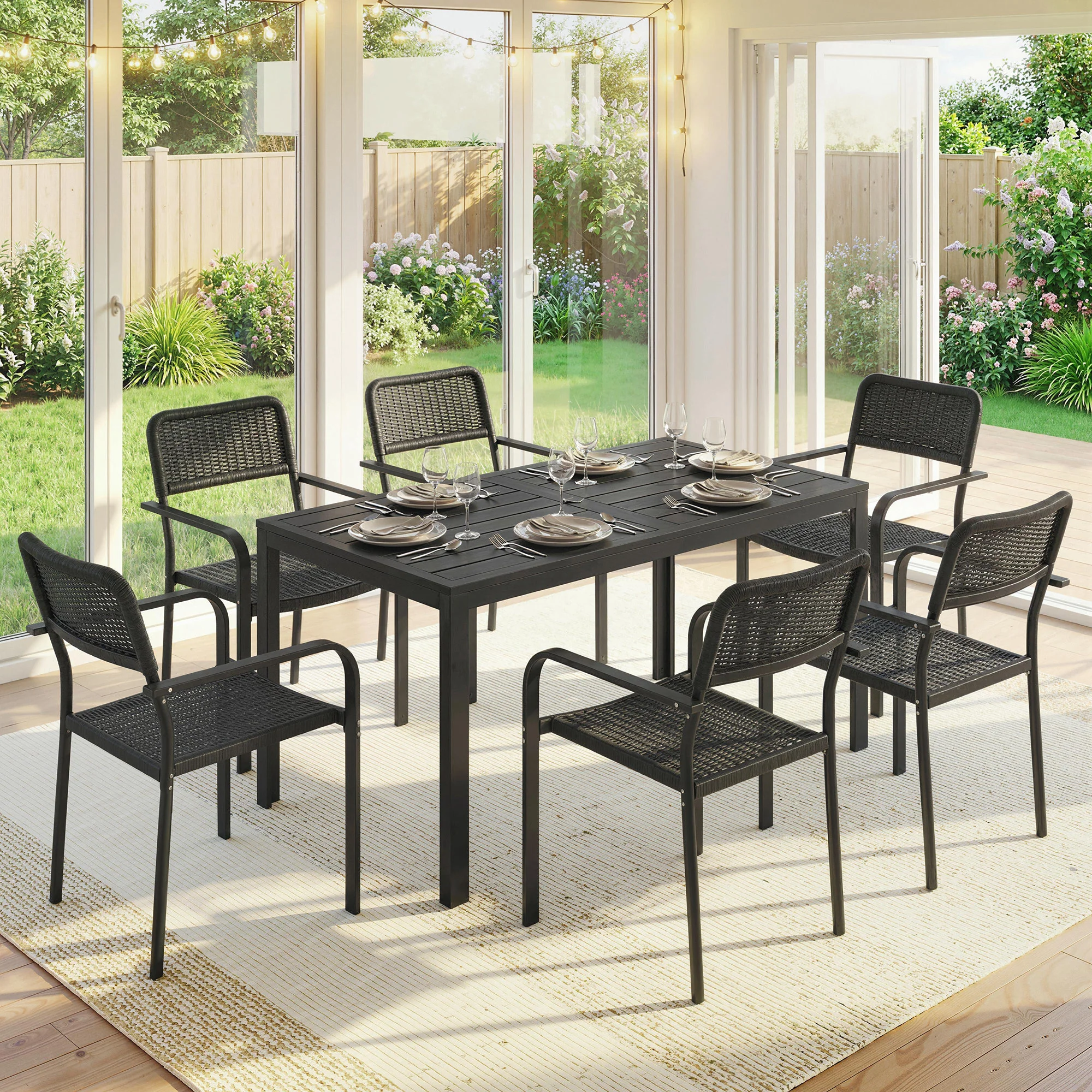 7-Piece Garden Dining Set with 6 Faux Rattan Chairs & Wood-Effect Table, Black - Image 11