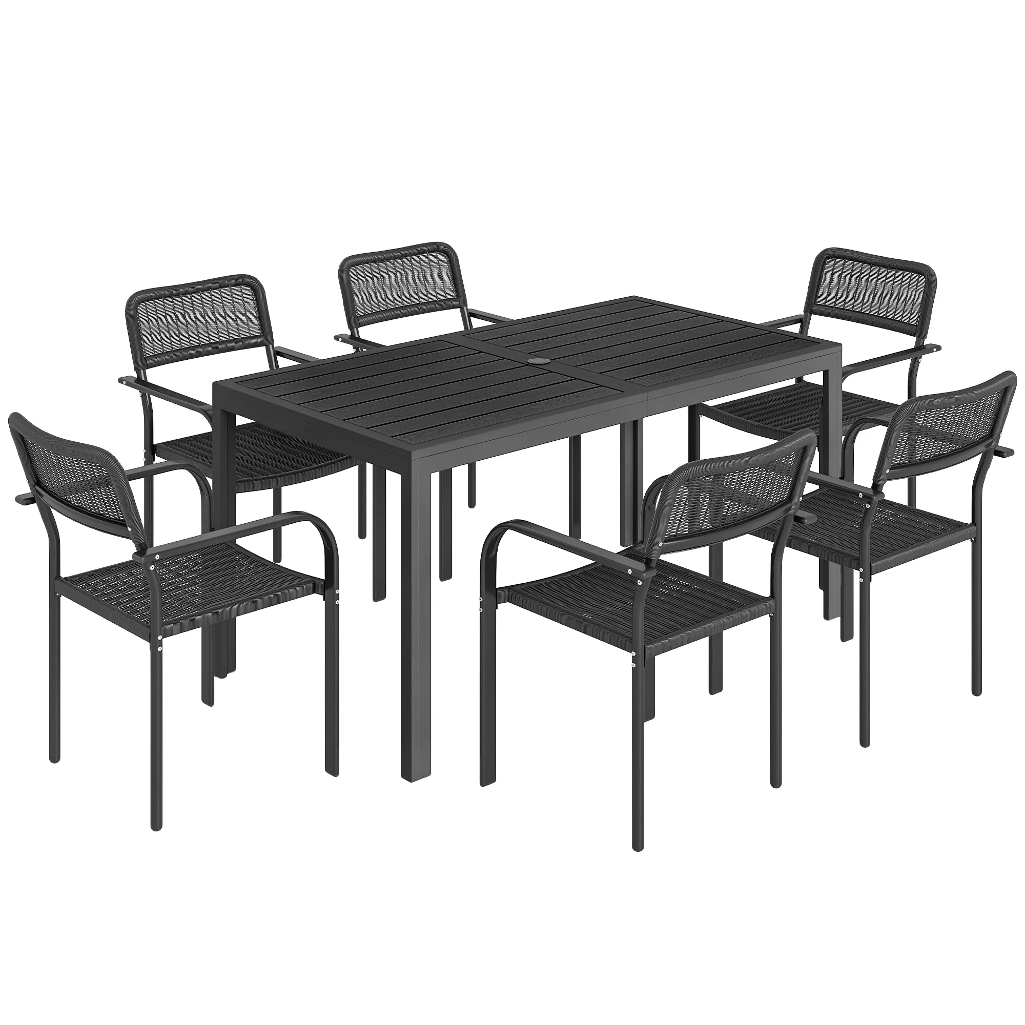 7-Piece Garden Dining Set with 6 Faux Rattan Chairs & Wood-Effect Table, Black - Image 12
