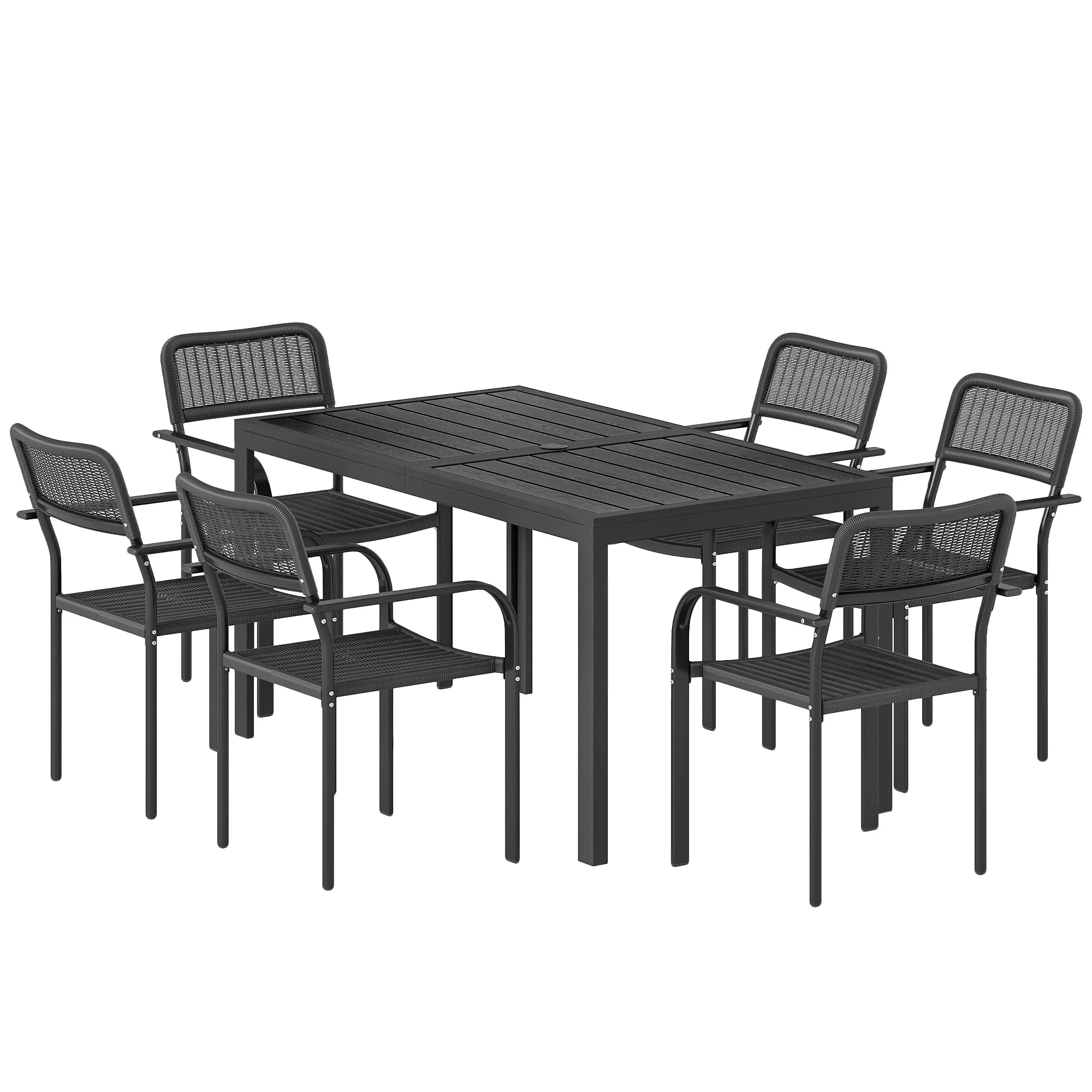 7-Piece Garden Dining Set with 6 Faux Rattan Chairs & Wood-Effect Table, Black - Image 2