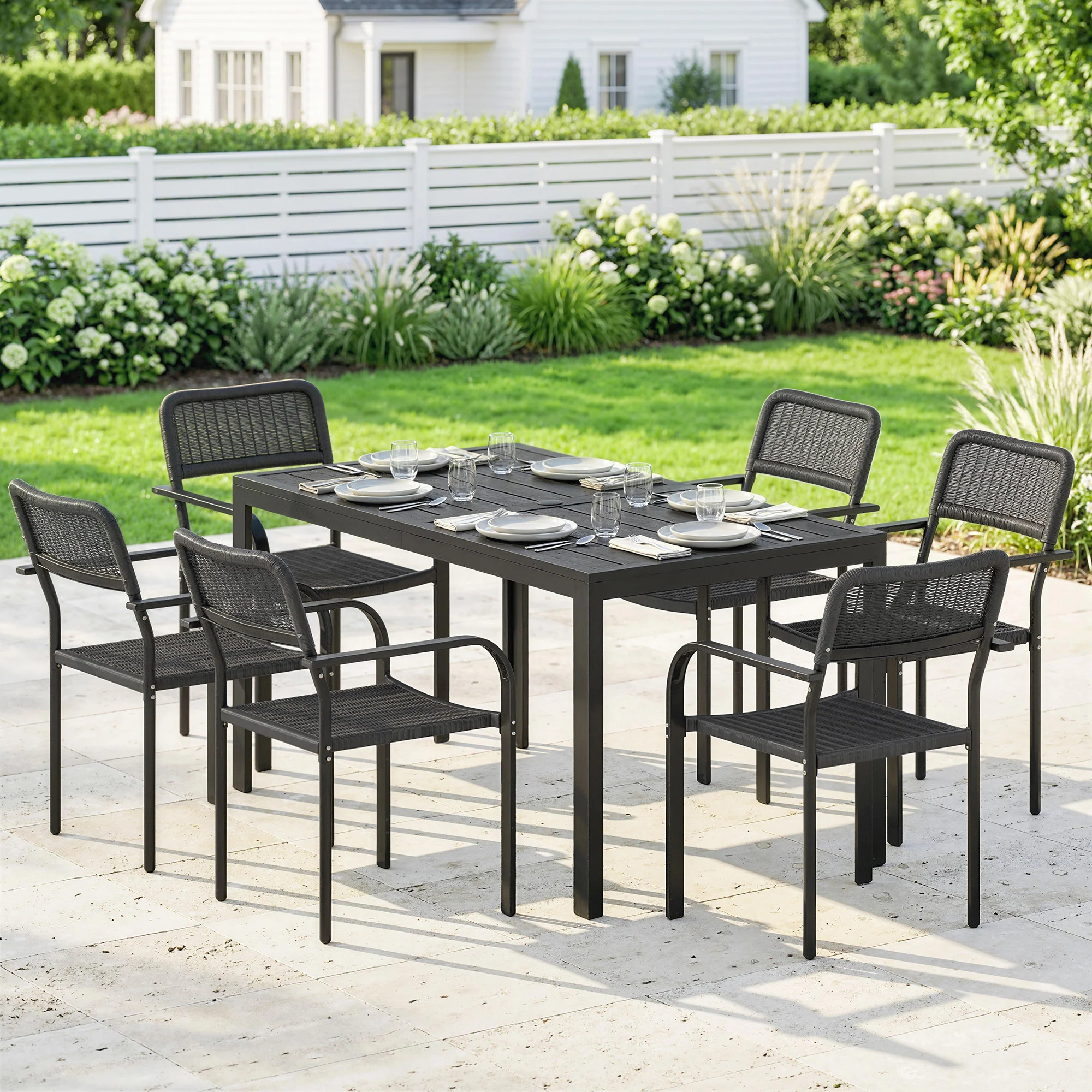 7-Piece Garden Dining Set with 6 Faux Rattan Chairs & Wood-Effect Table, Black - Image 3