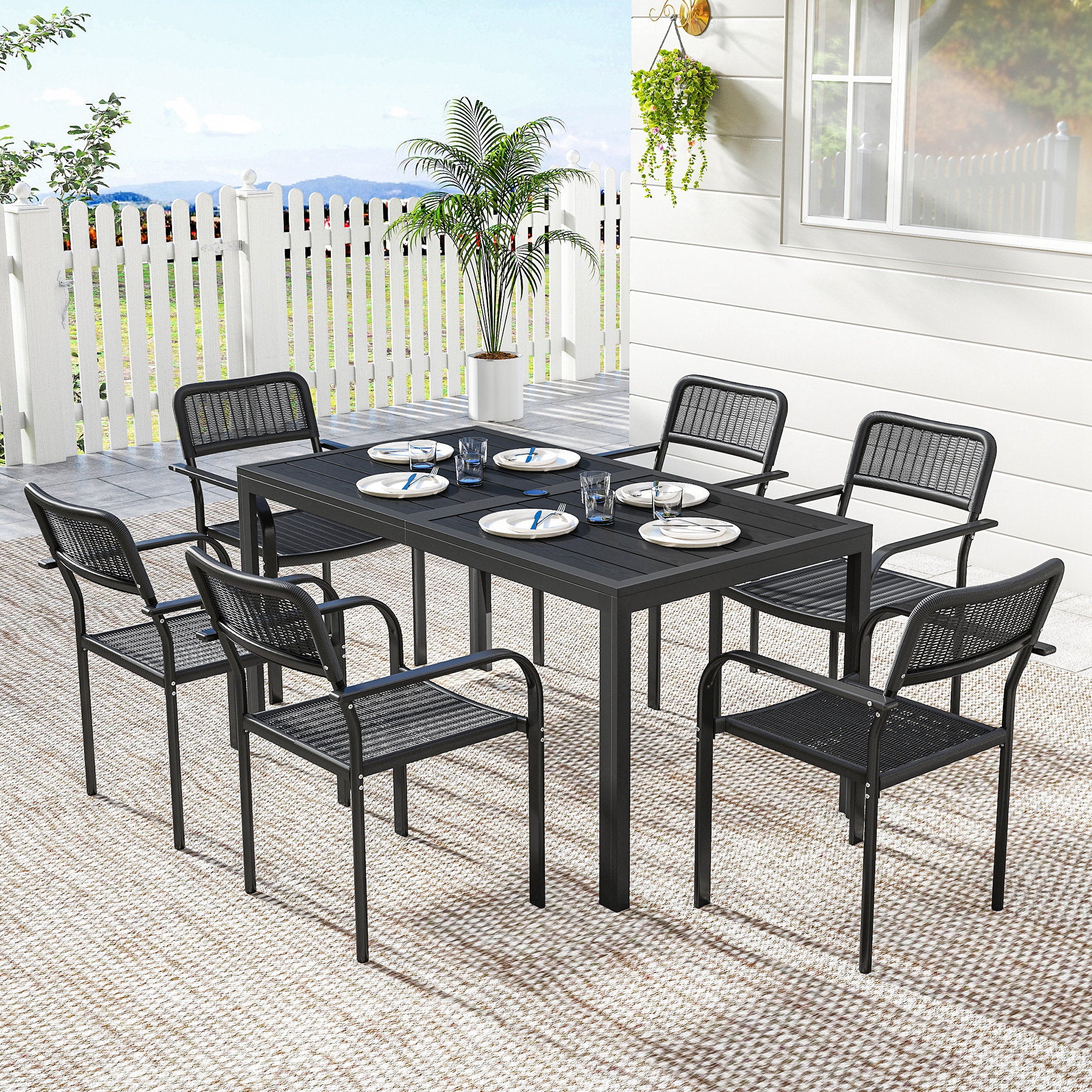 7-Piece Garden Dining Set with 6 Faux Rattan Chairs & Wood-Effect Table, Black - Image 4