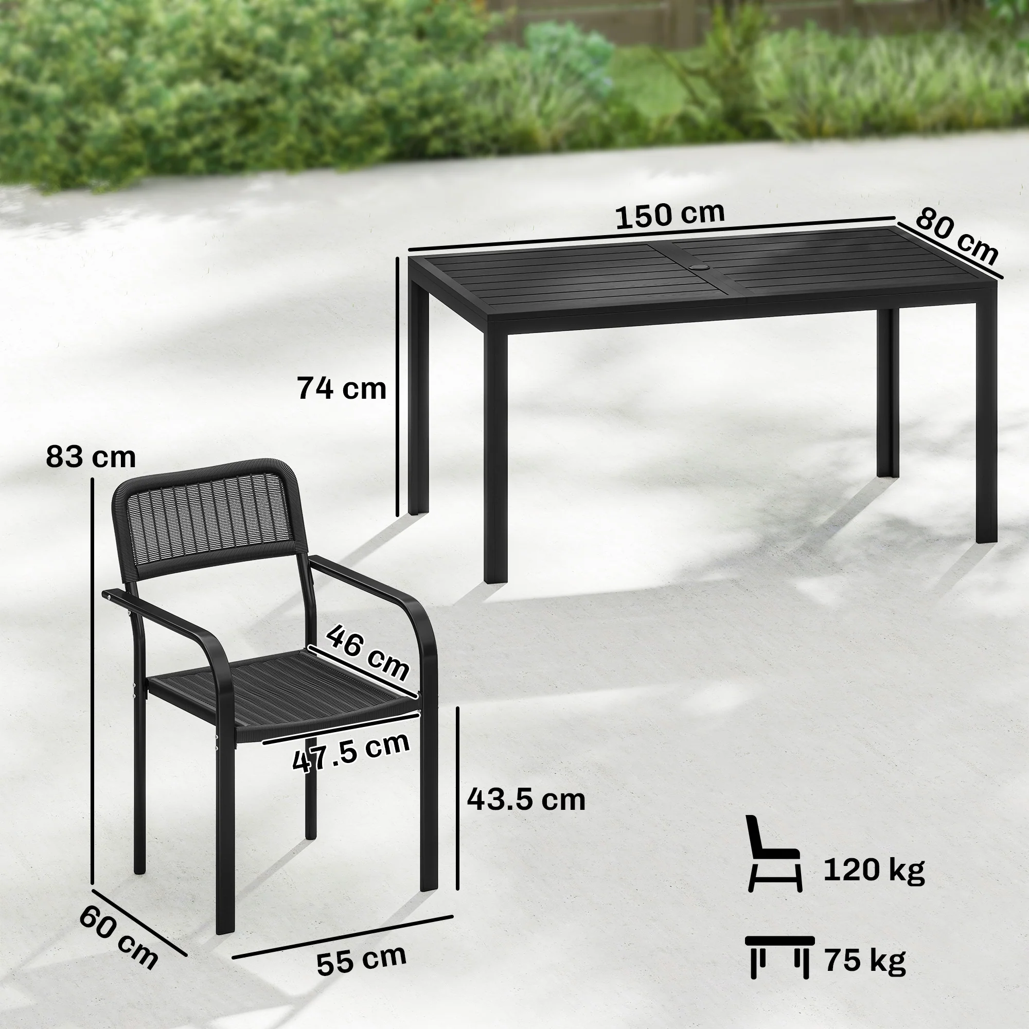 7-Piece Garden Dining Set with 6 Faux Rattan Chairs & Wood-Effect Table, Black - Image 5