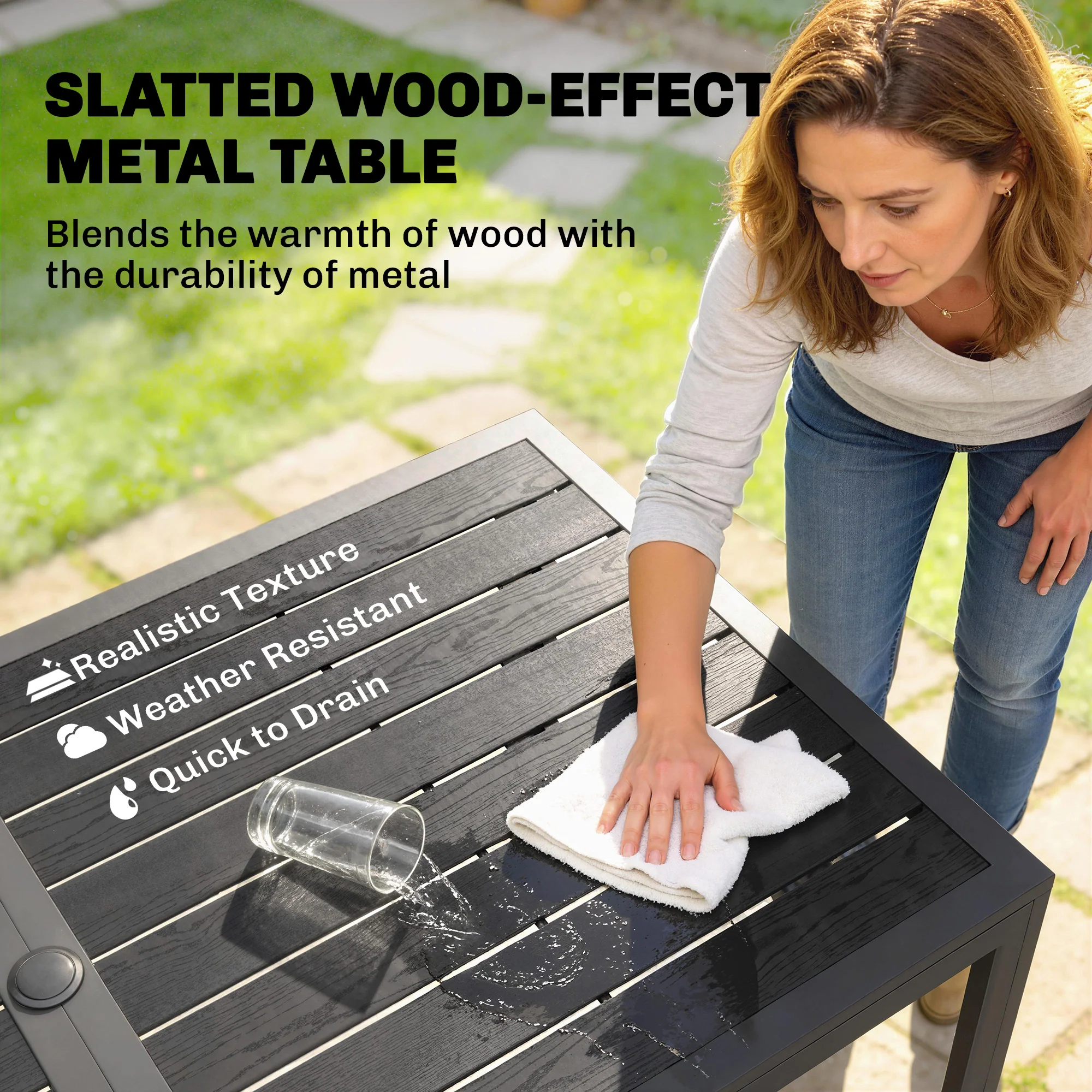 7-Piece Garden Dining Set with 6 Faux Rattan Chairs & Wood-Effect Table, Black - Image 7