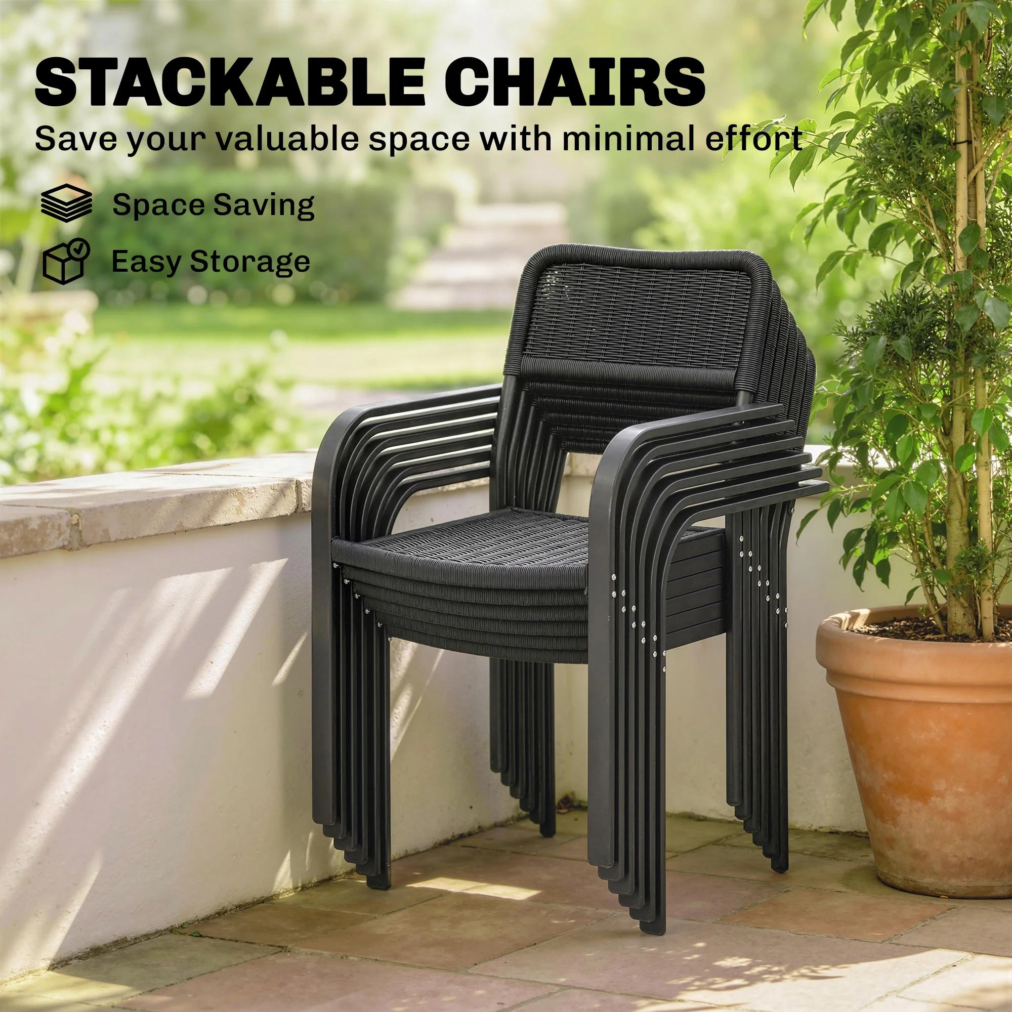 7-Piece Garden Dining Set with 6 Faux Rattan Chairs & Wood-Effect Table, Black - Image 9