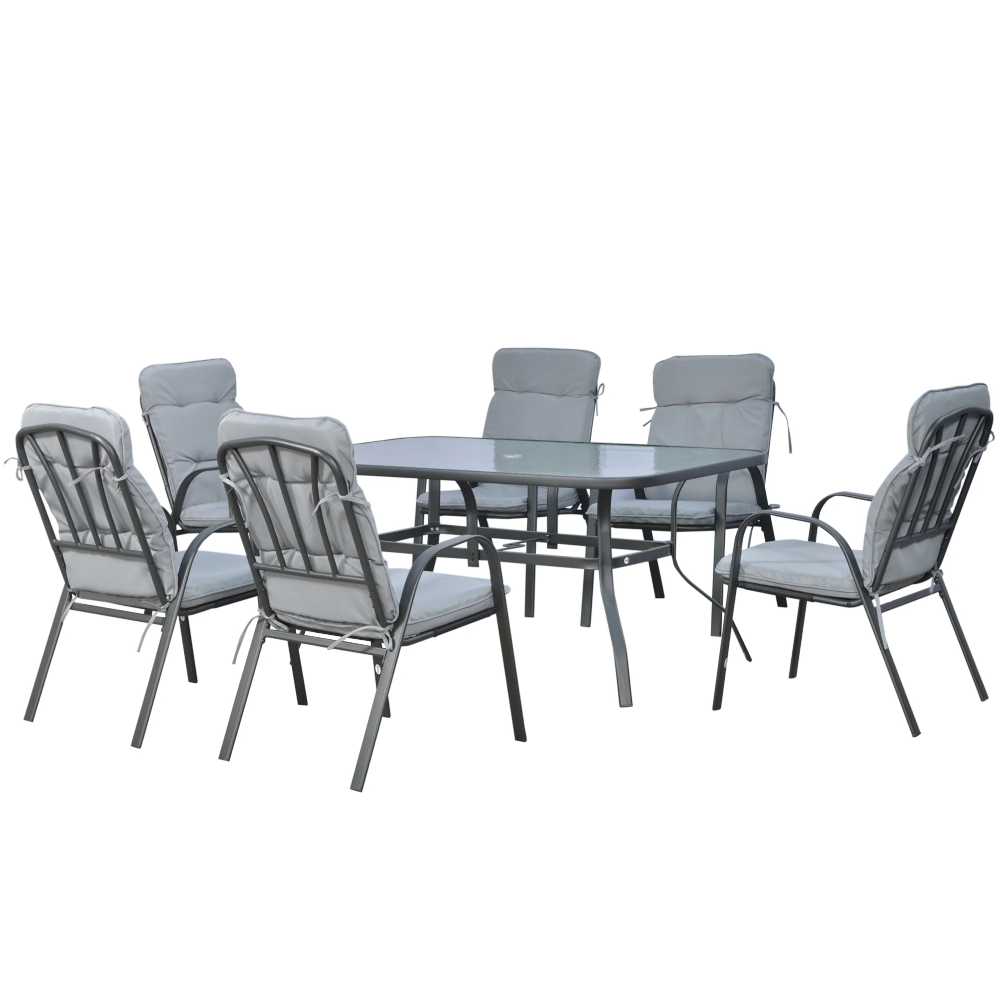 7 Pieces Garden Dining Set, Outdoor Dining Set with Cushions, Tempered Glass Top Table, Umbrella Hole, Texteline Seats, 6 Seater Garden Table and Chairs, Grey - Image 12