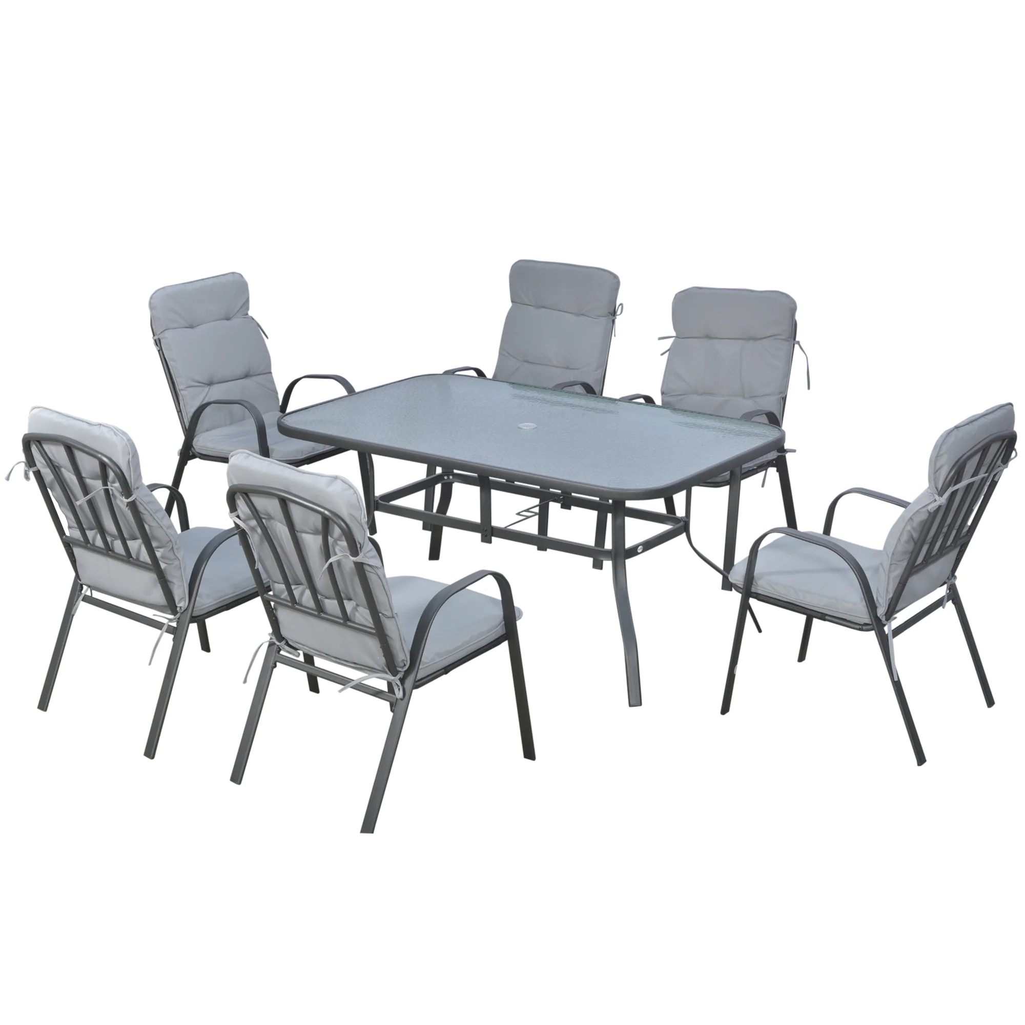 7 Pieces Garden Dining Set, Outdoor Dining Set with Cushions, Tempered Glass Top Table, Umbrella Hole, Texteline Seats, 6 Seater Garden Table and Chairs, Grey - Image 2