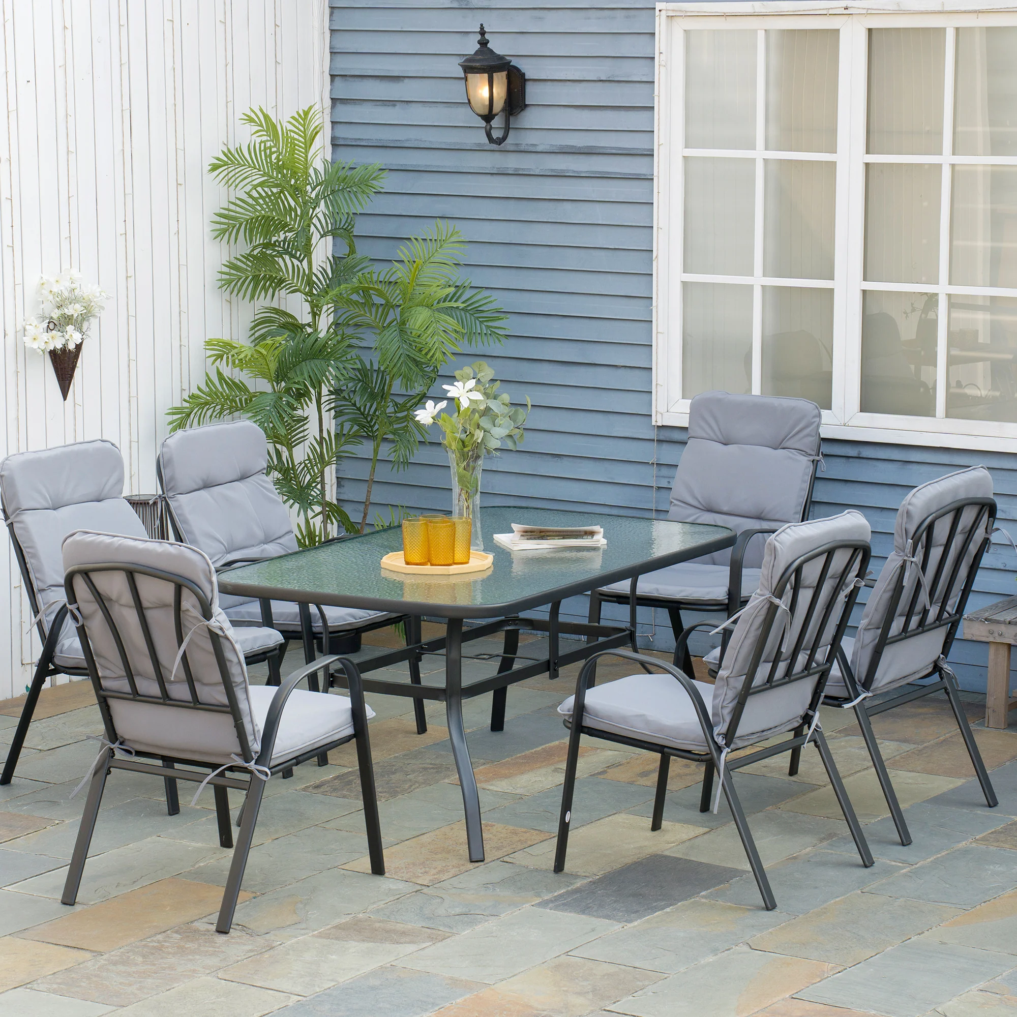 7 Pieces Garden Dining Set, Outdoor Dining Set with Cushions, Tempered Glass Top Table, Umbrella Hole, Texteline Seats, 6 Seater Garden Table and Chairs, Grey - Image 3