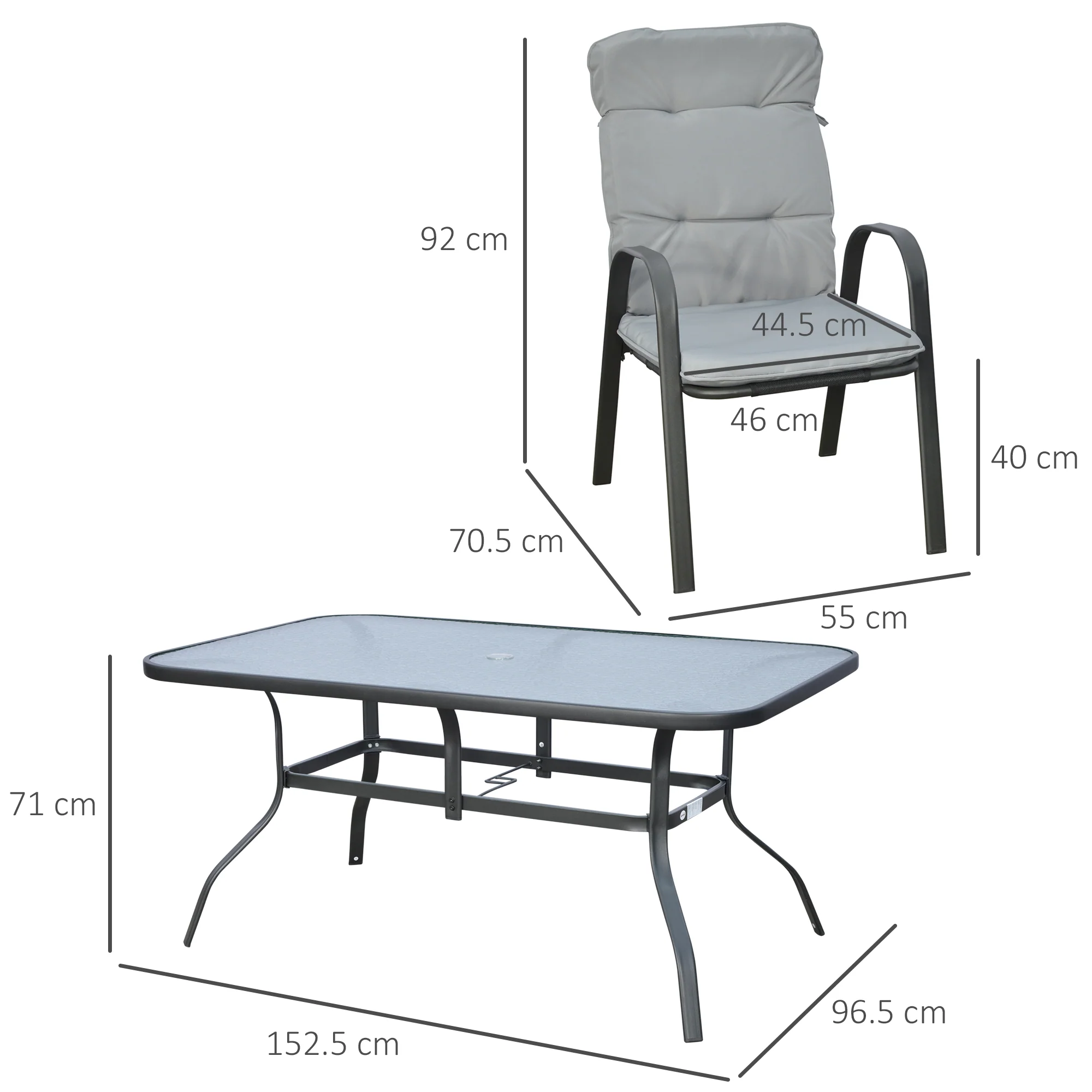 7 Pieces Garden Dining Set, Outdoor Dining Set with Cushions, Tempered Glass Top Table, Umbrella Hole, Texteline Seats, 6 Seater Garden Table and Chairs, Grey - Image 5